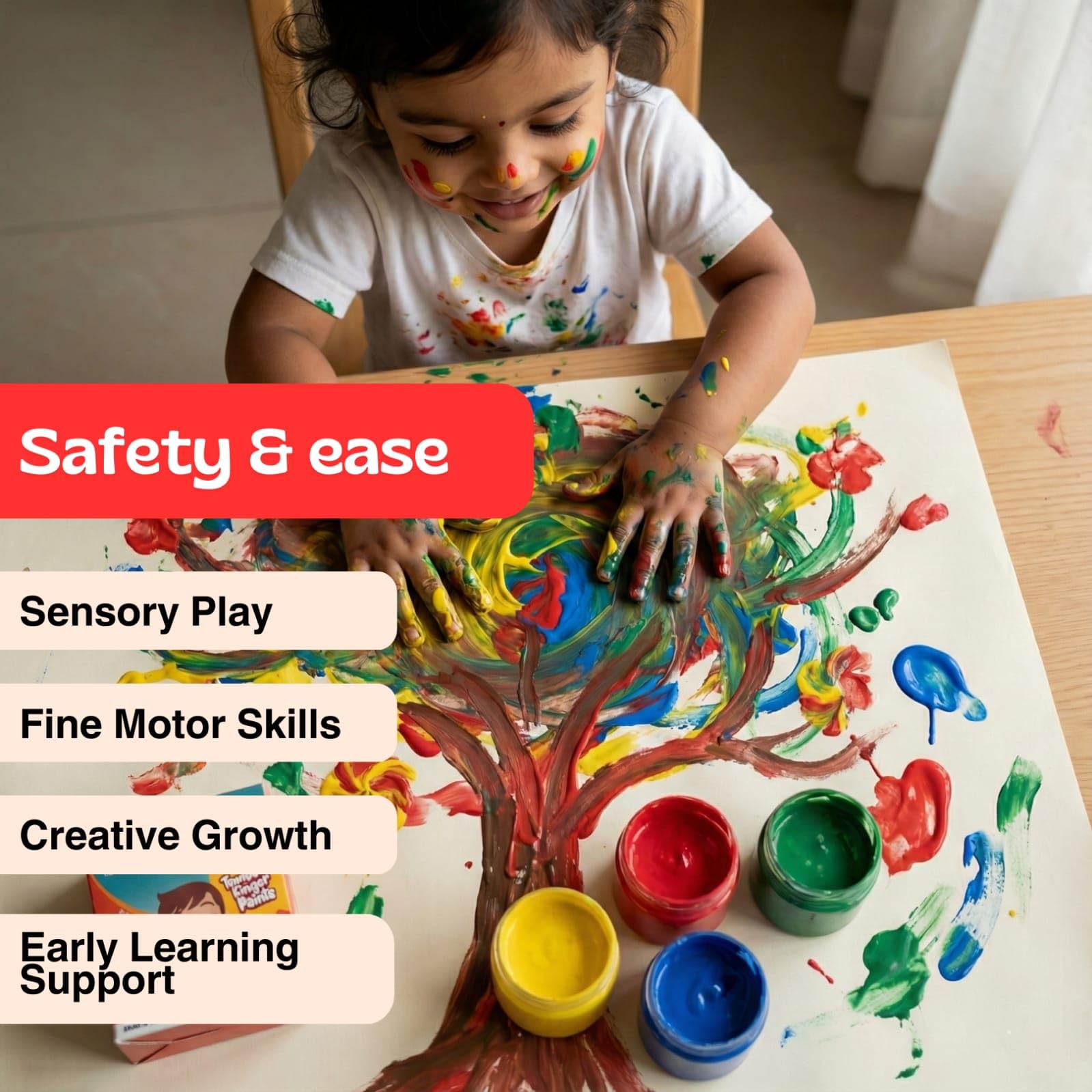 Washable Finger Paints for Toddlers, Safe Non-Toxic Tempera Paints, 4 x 50ml Vibrant Colors, Baby Safe Paint for Hand and Feet, Mess Free Art Supplies for Kids, Preschool Learning Gifts, Ages 2+ 2