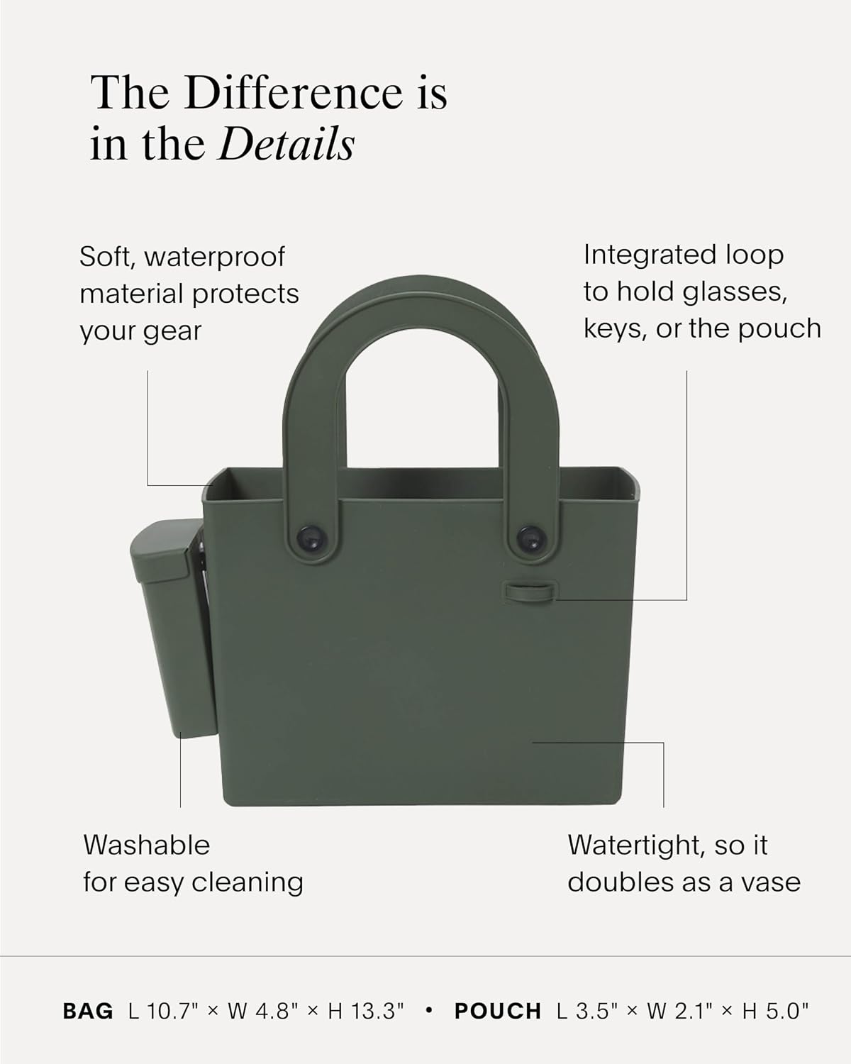 Hachiman Garden Tool Bag - Waterproof Gardening Tote with Interior Partition and Removable Pouch - Indoor Outdoor Use - Tools Not Included - Garden Green