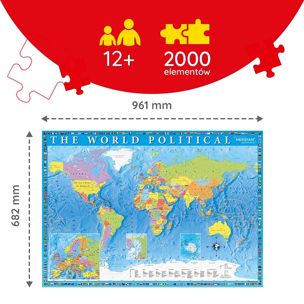Trefl Polityczna Mapa Świata 2000 Elementów o Wysokiej Jakości Nadruku dla Dorosłych i Dzieci od 12 lat