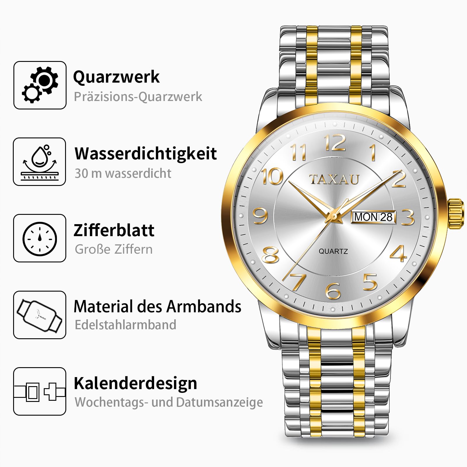 Taxau Herren Armbanduhr Quarz Analog Klassische Herrenuhr mit Edelstahlarmband und Datumsanzeige,30M Wasserdicht Elegante Business Uhr für Büro,Freizeit,Geschenk für Männer
