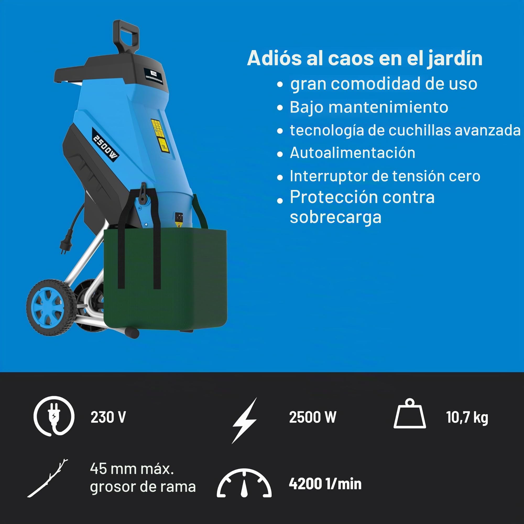 Güde Trituradora de jardín GH 2501 (2500 W, tecnología de cuchilla, bajo mantenimiento, autoalimentación, ruedas de transporte, protección contra sobrecarga, grosor máximo de rama 45 mm, incluye saco