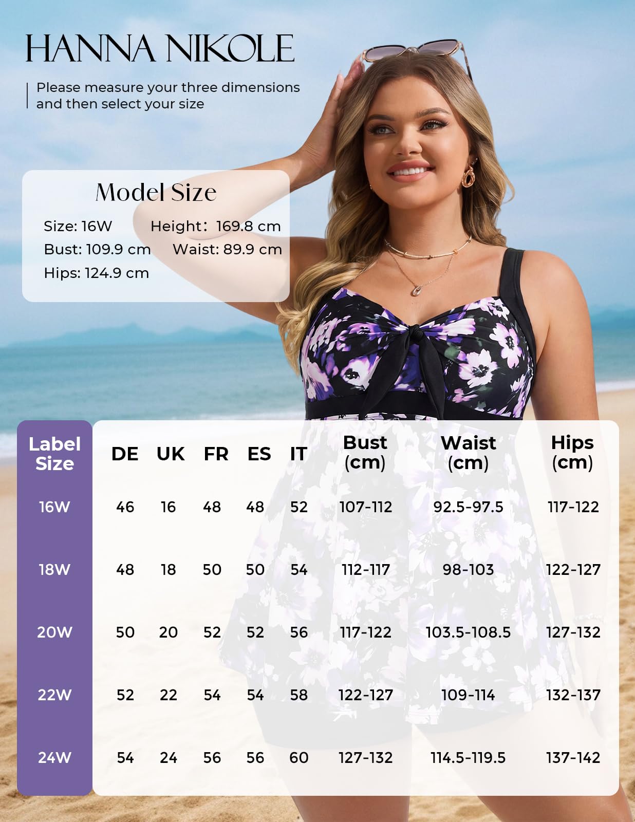 Hanna Nikole Costume da bagno da donna con controllo della pancia, tankini taglie forti, con scollo a V, cinturino regolabile, abbigliamento da spiaggia