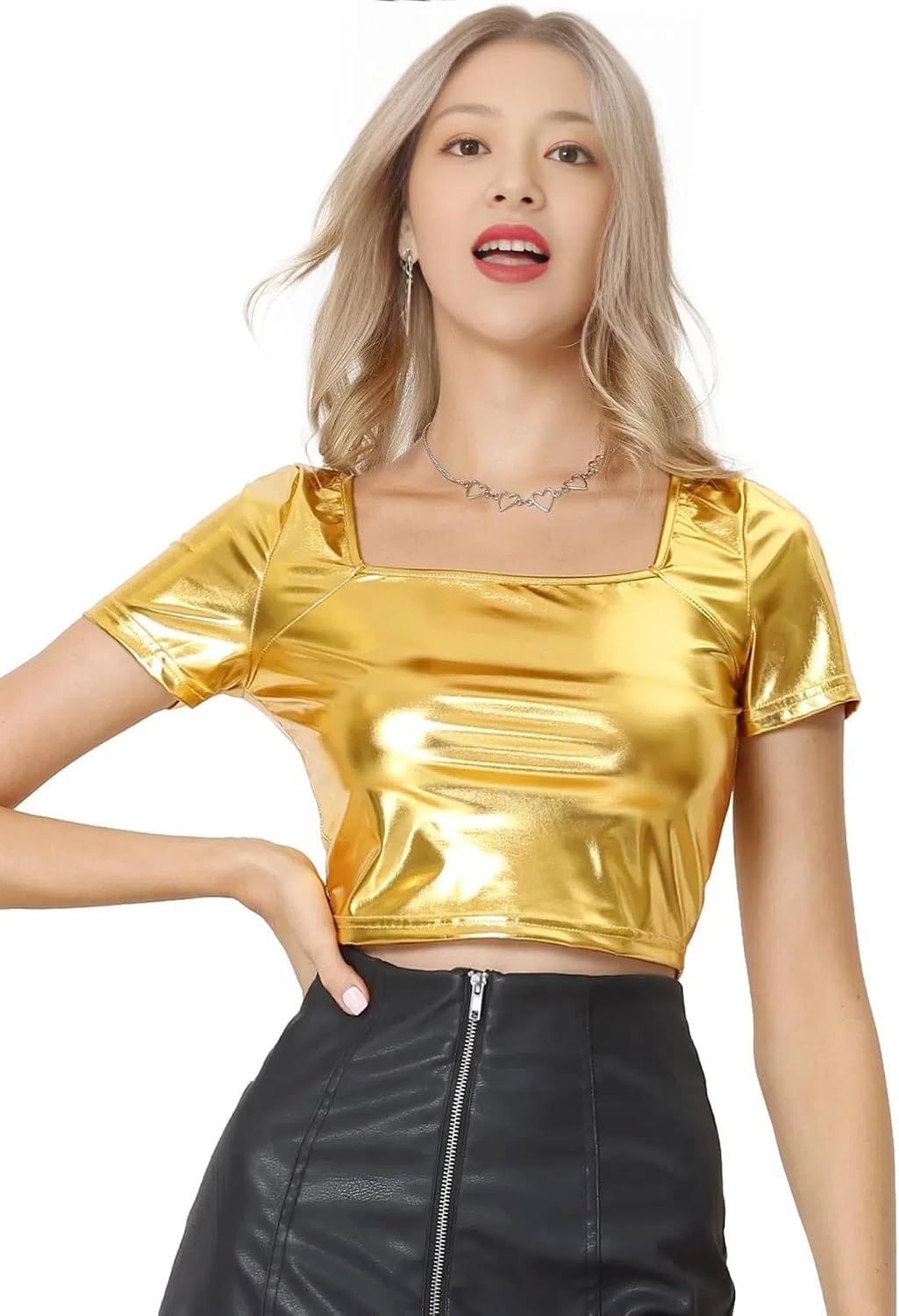 ハロウィンコスチューム メタリッククロップトップ スクエアネック シャイニー Tシャツで華やかに演出
