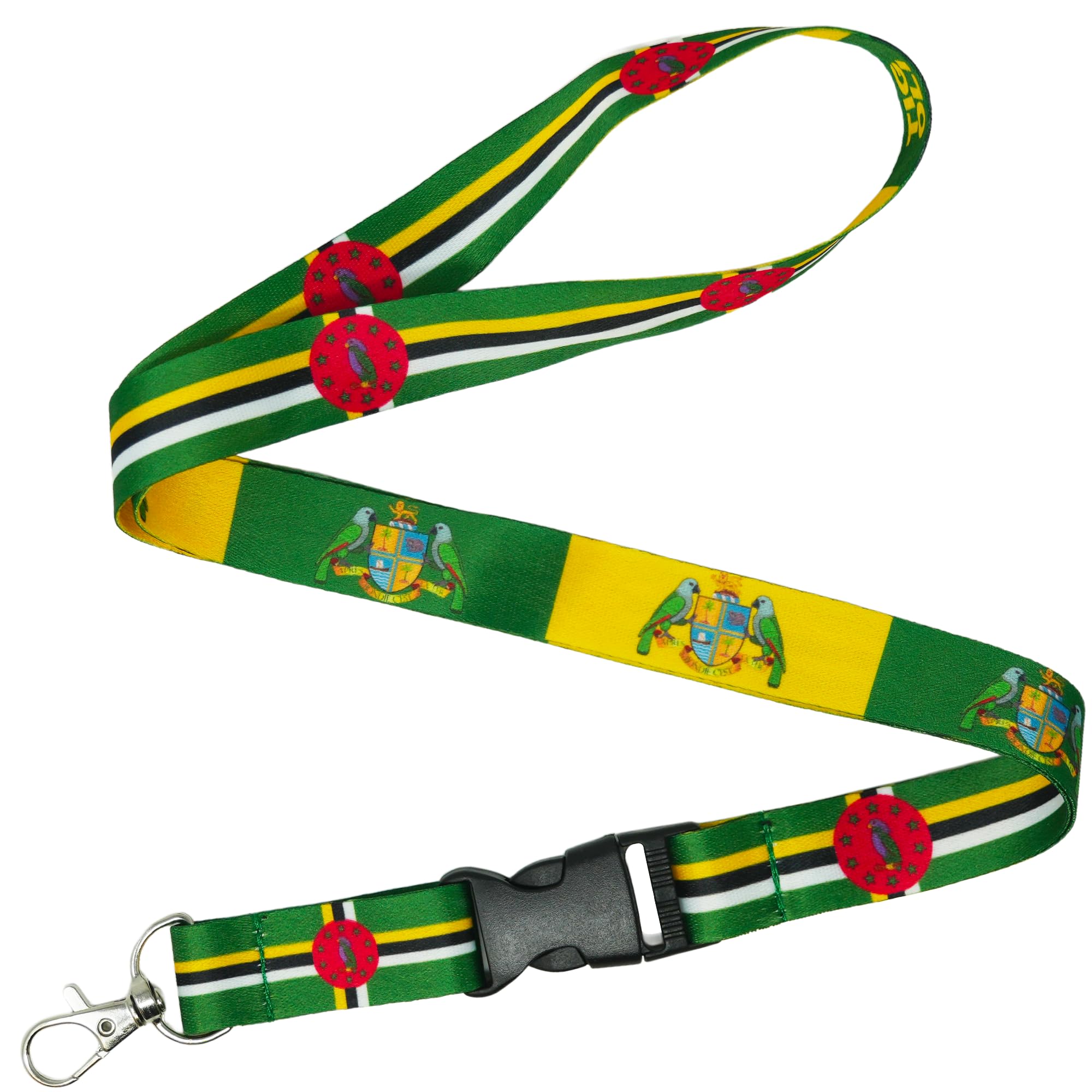 Dominica Flag Lanyard – Green, Yellow & Black Design with Coat of Arms and Parrot Crest – 57cm Premium Polyester Neck Strap with Metal Swivel Hook & Quick Release Buckle – Caribbean Souvenir Gift