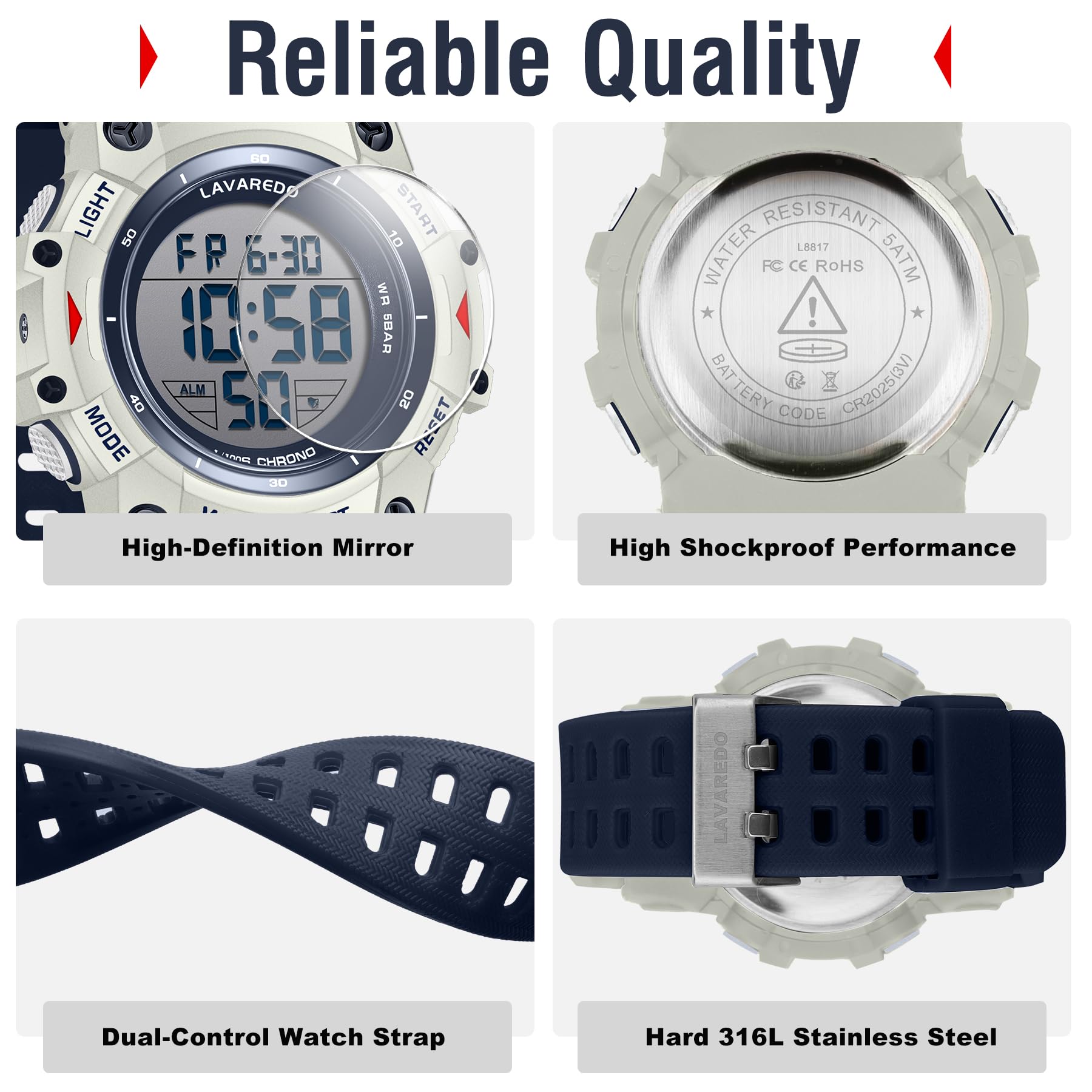 Reloj digital para hombre, deportivo, resistente al agua, para hombre, con retroiluminación LED, alarma, cronómetro, cronómetro, cronógrafo digital, fecha militar, Azul marino 2