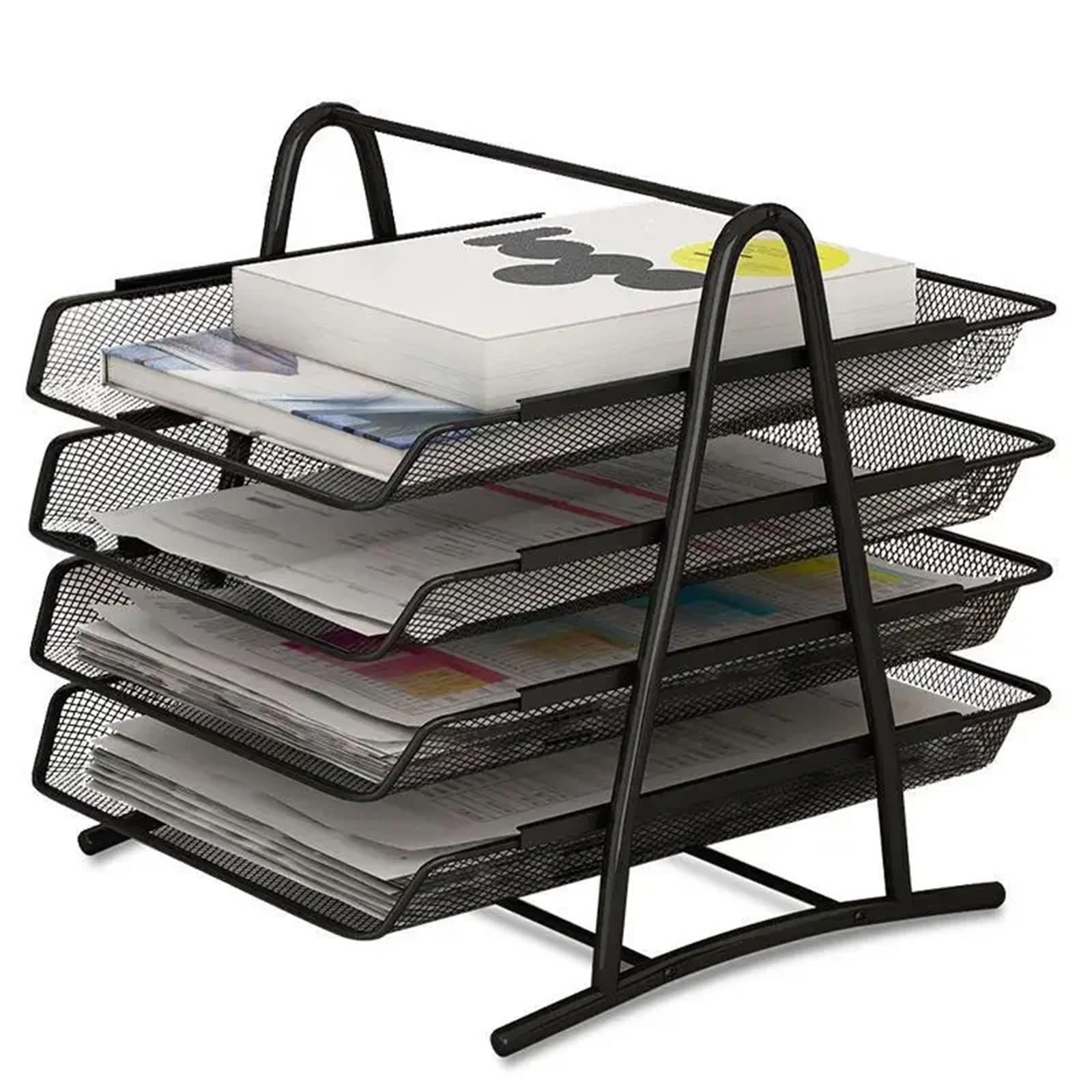 Bandeja para Cartas Estante de Archivos Cuatro Capas Malla, Bandeja, Marco, Columna Datos, Revista, estantería múltiples(Silver)