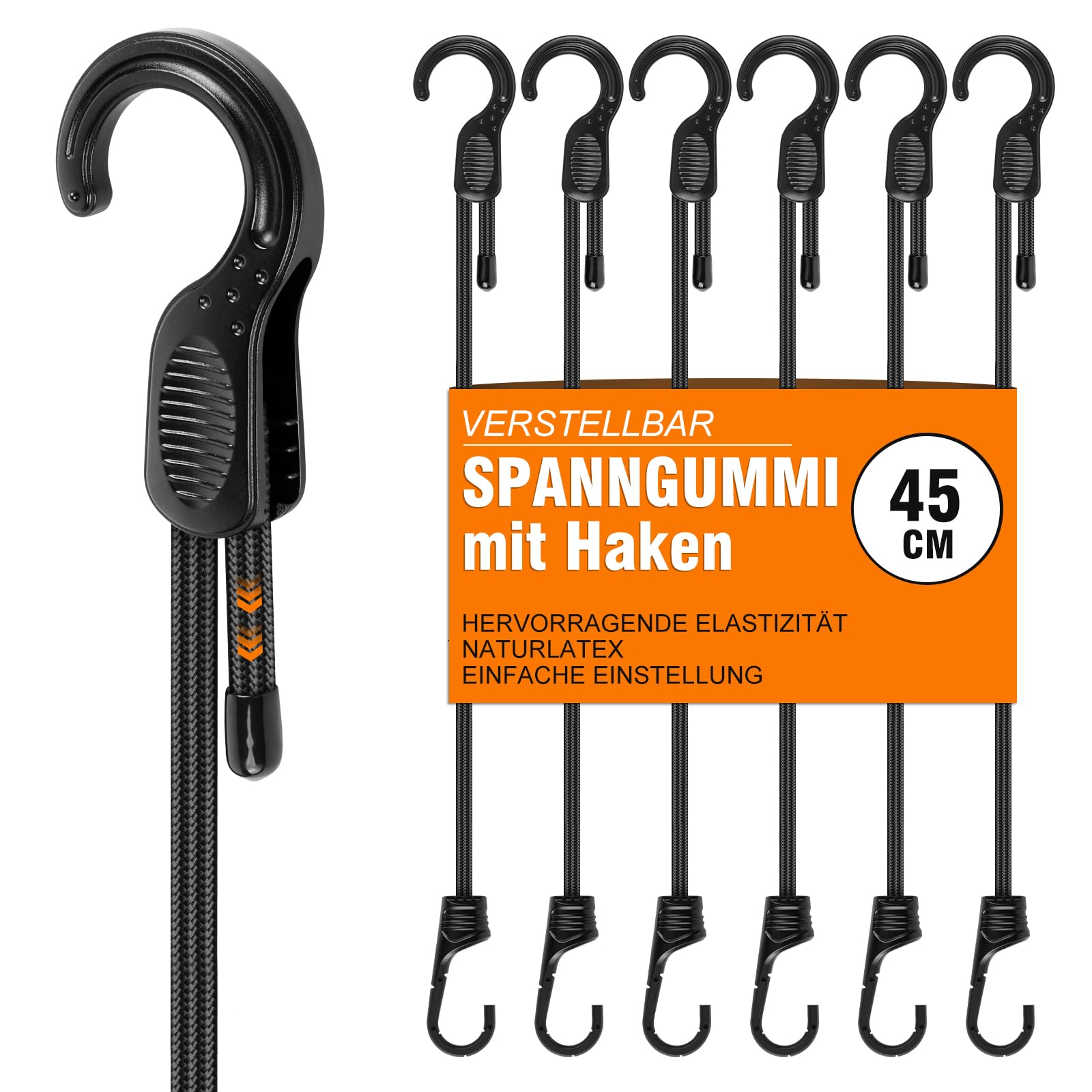 Verstellbar Spanngummi Mit Haken 45 cm, 6 Stück Robuste Expander Mit Haken Gepäckspanner Ladungssicherung für Camping, Sonnensegel, Tarpaulins, Abdeckplane Fahrrad, Auto, Dachträger