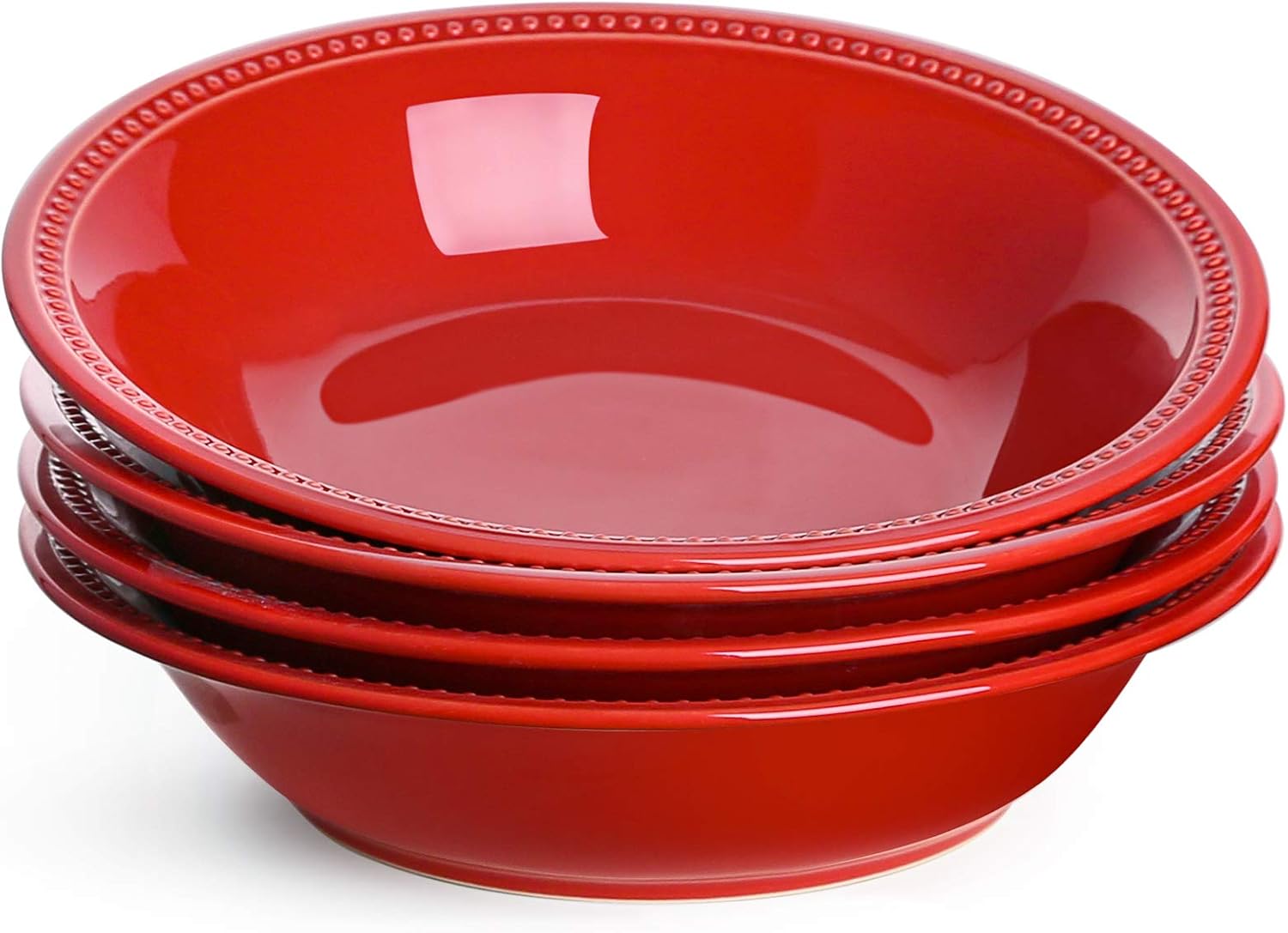 LE TAUCI 26 Ounce Beaded Pasta Bowls, Ceramic Bowl Set for Cereal, Salad, 9 Inch, Set of 4, Red