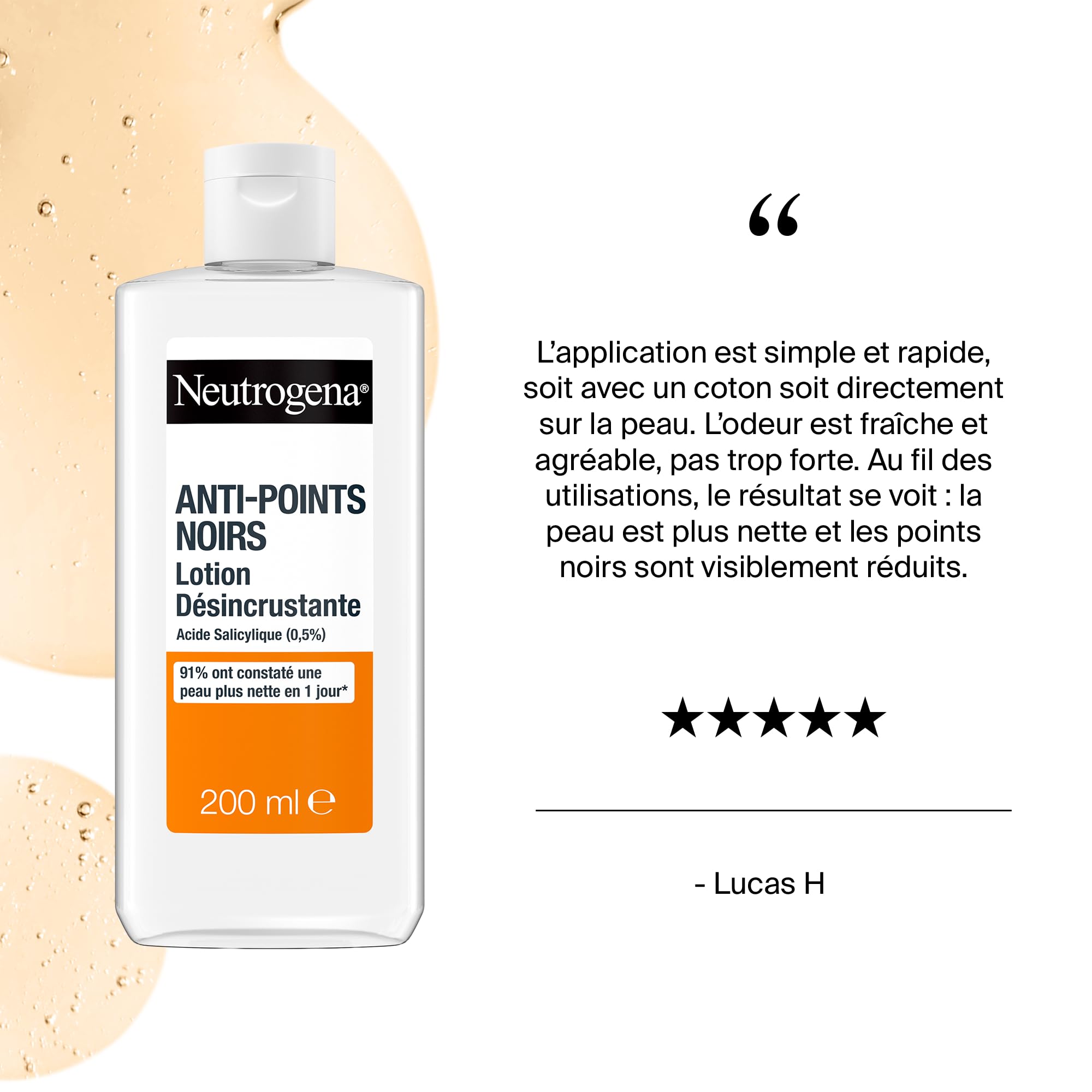 Neutrogena – Lotion Désincrustante Anti-Points Noirs (flacon de 200 ml) – Lotion pour le visage à l'acide salicylique (0,5%) – 91% ont constaté une peau plus nette en 1 jour*