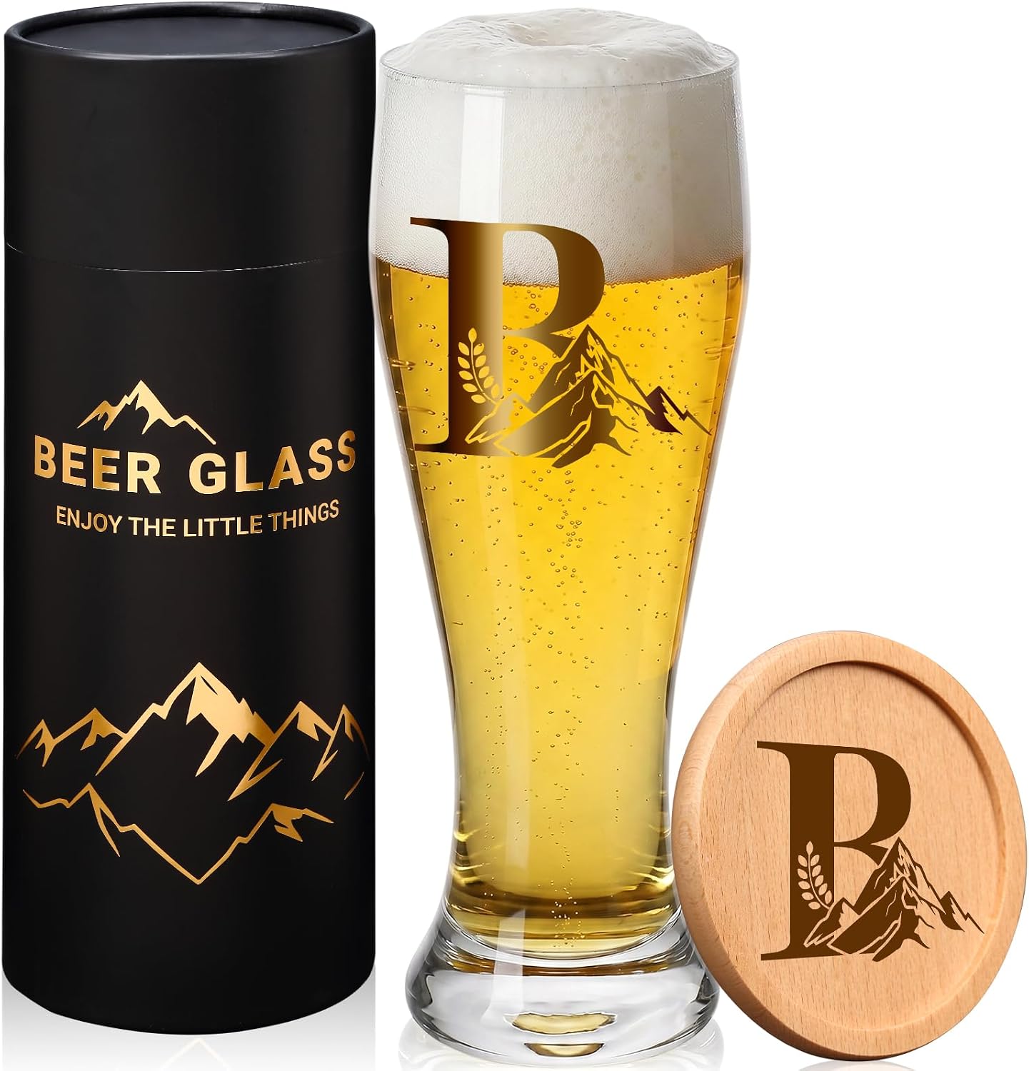 Personalized Mountain Monogram Beer Glass for Men - Custom Engraved Beer Cup with Wooden Coaster & Black Cylindrical Gift Tube, Birthday Father Anniversaries Gift for Dad, Husband & Him,W