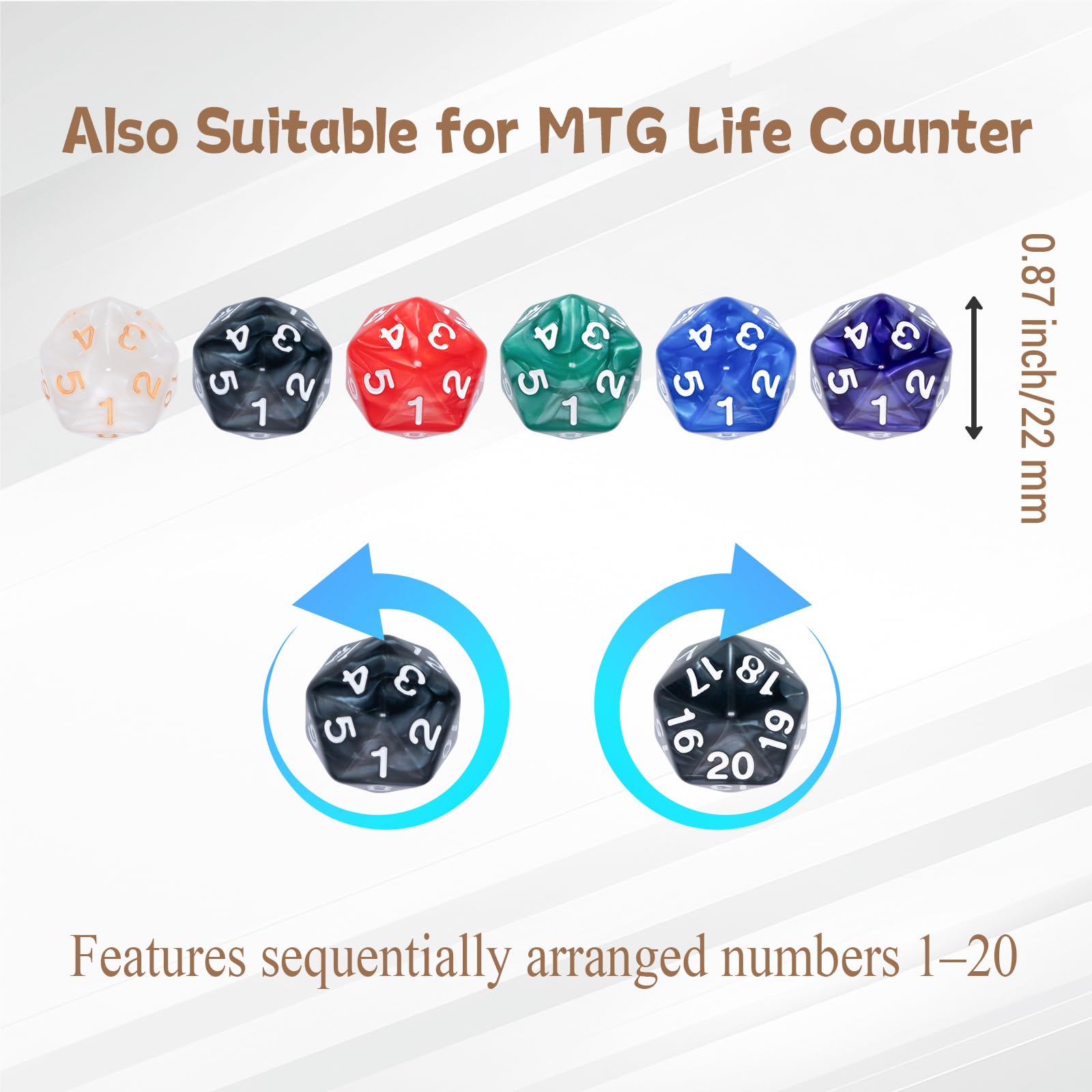 12-teiliges D20-Spindown-Würfel-Set in 6 Farben, 20-seitige Perlenmischfarbe für MTG, D&D, Karten, Gaming-Zubehör