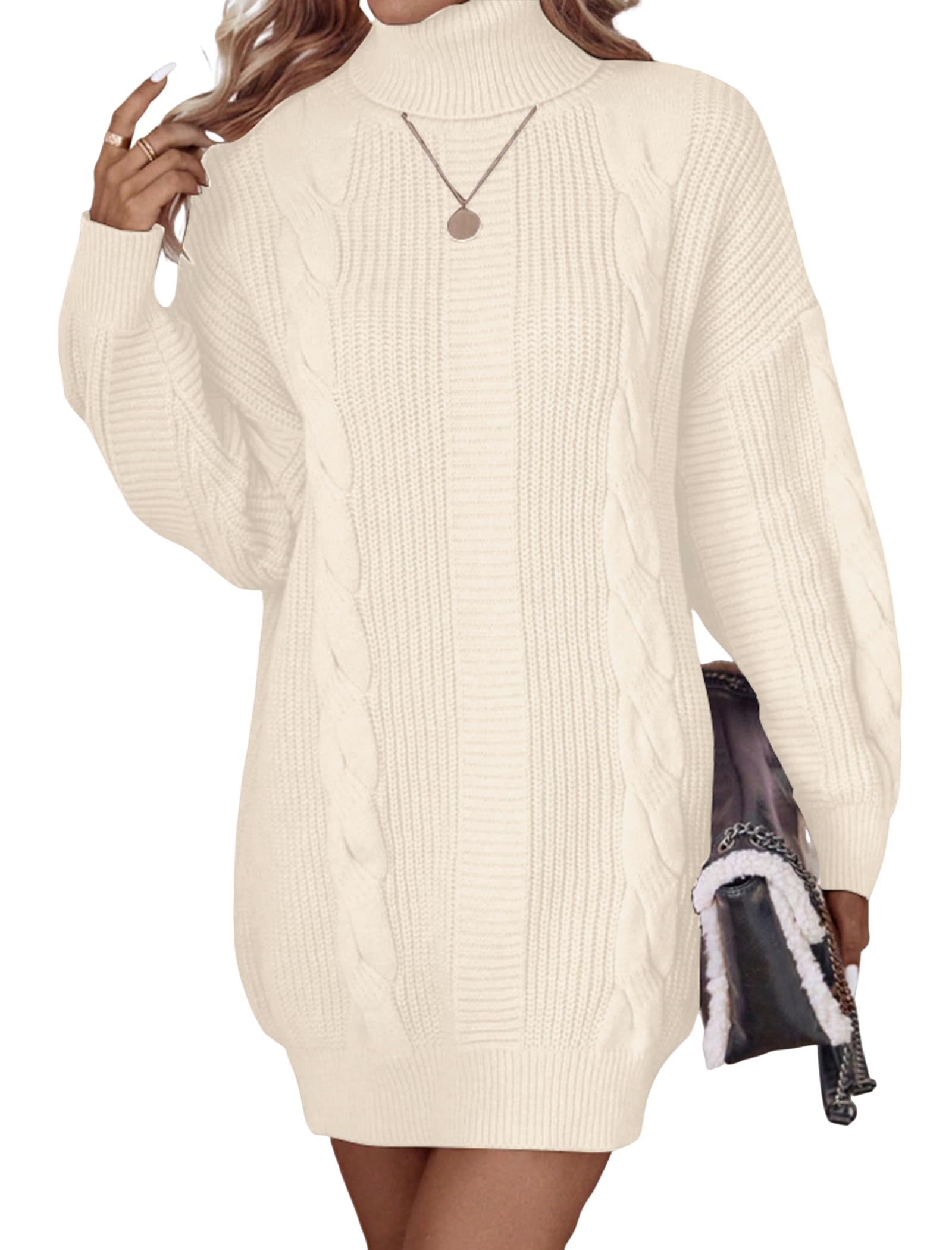 ZAFUL Womens Cable Knit Sweater Dress Long Sleeve Loose Crew Neck Pullover Tunic Mini Sweater Dress Fall Winter