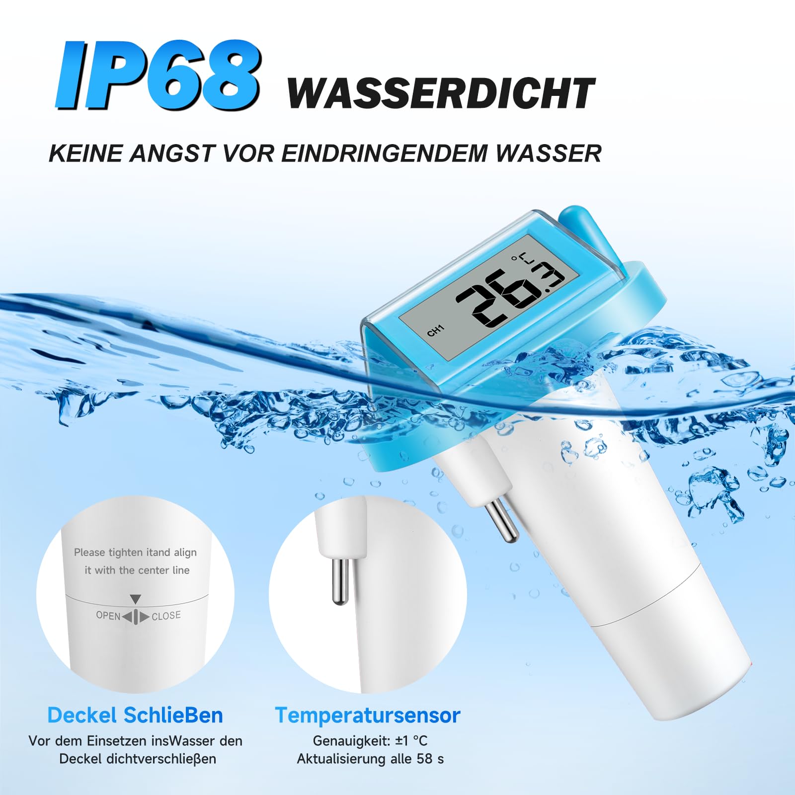 TEOV Funk Pool Thermometer mit LCD-Anzeige, IP68 Wasserdicht Digitales Poolthermometer, 70m Übertragungsreichweite, für Schwimmbäder Aquarium Badewannen Teich