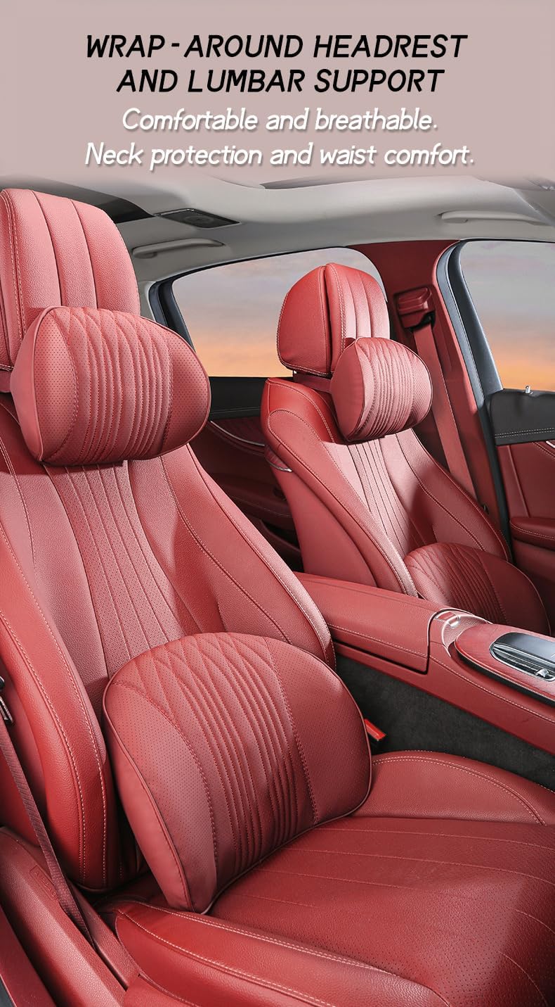 New Ergonomic Car Seat Headrest & Lumbar Cushion Skin-Friendly and Breathable for All Seasons Memory Foam Cover Durable Car Accessories A-Brown image 5
