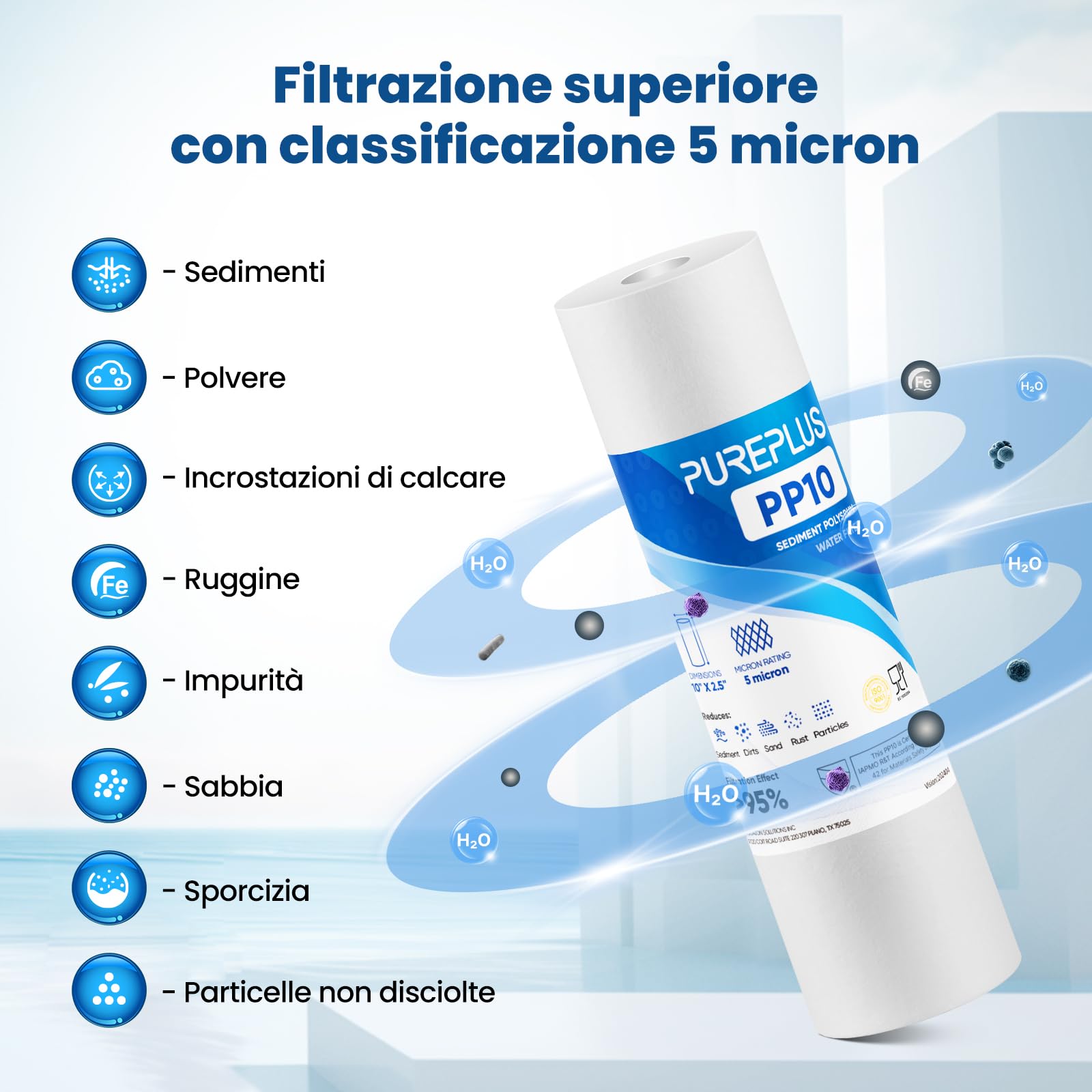 PUREPLUS Cartuccia filtro dell'acqua per sedimenti domestici da 5 micron, 25,4 x 6,3 cm, ricambio per qualsiasi unità RO da 25,4 cm, Culligan P5, Aqua-Pure AR110, Dupont WFPFC5002, CFS10, WHKF-G05