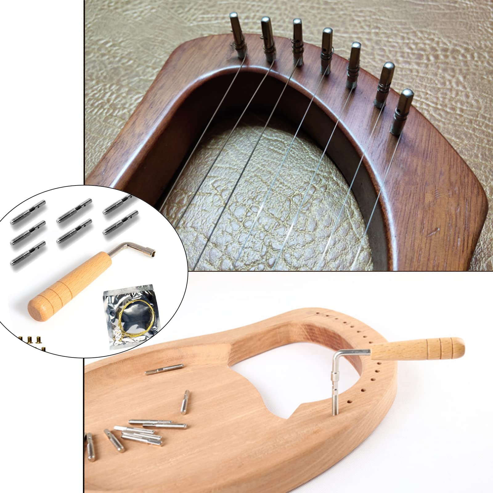 7 cuerdas de arpa de lira, 7 clavos de cuerda con llave de afinación de repuesto para arpa de lira y otros instrumentos musicales de cuerda pequeños