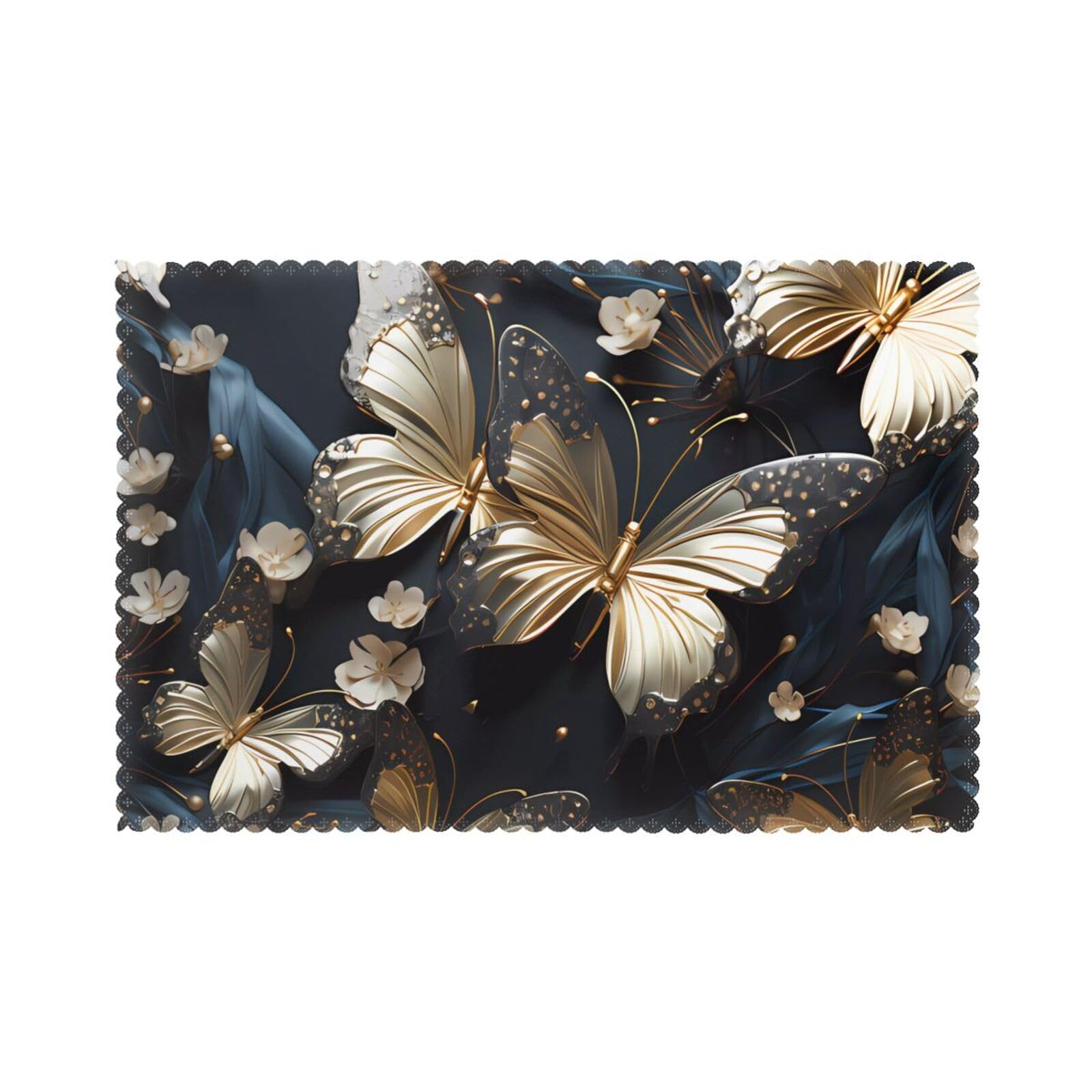 Gold White Butterflies Black Placemats set of 6, insulated, washable, suitable for kitchen, dining room, parties, etc.