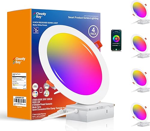 Miniatura 1 de CLOUDY BAY Paquete de 4 Luces empotrables LED inteligentes WiFi de 8 pulgadas, iluminación empotrada RGBCW de 20 W que cambia de color, compatible