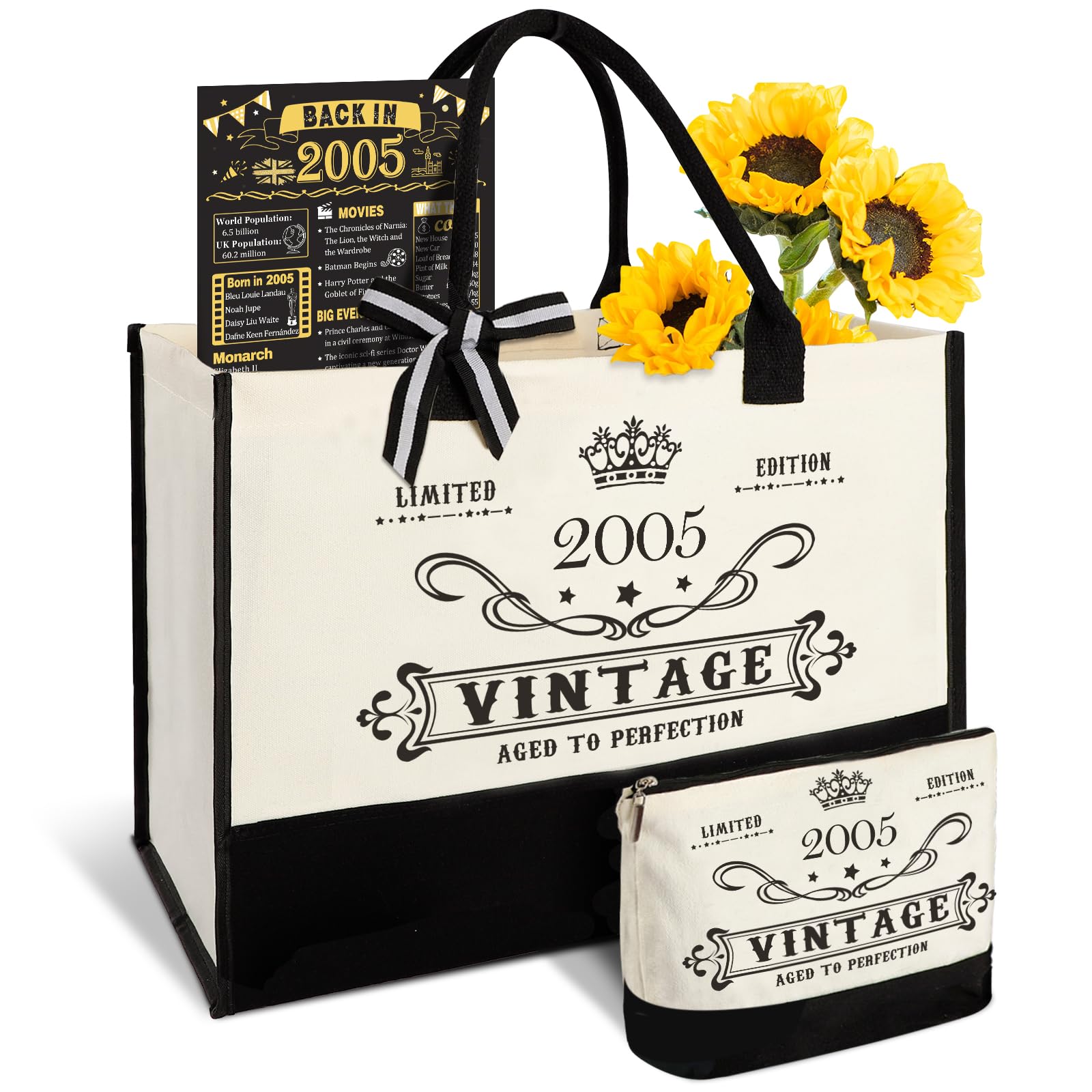 Amosking 21st Birthday Gifts for Women Canvas Tote Bag Travel Gear, Unique 21 Years Old Birthday Gifts for Mum Wife Aunt Friends Her, Vintage 2005 Handbag & Cosmetic Bag & Back in 2005 Poster โ image 1