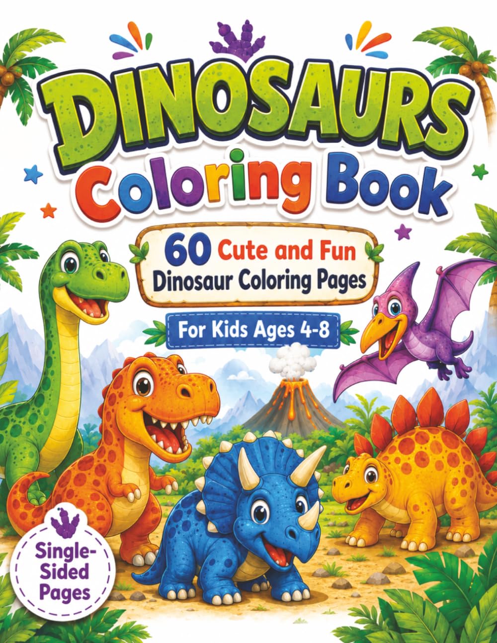 Dinosaurs Coloring Book: 60 Cute and Fun Dinosaur Coloring Pages for Kids Ages 4-8