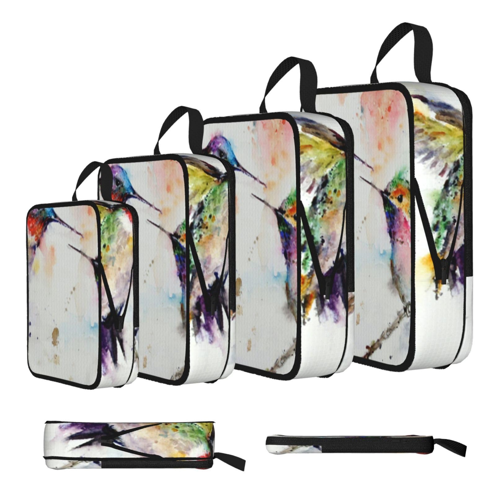 Oil Painting Bird Print 4 Set Compression Packing Cubes For Suitcases,Expandable Storage Bags Organizers