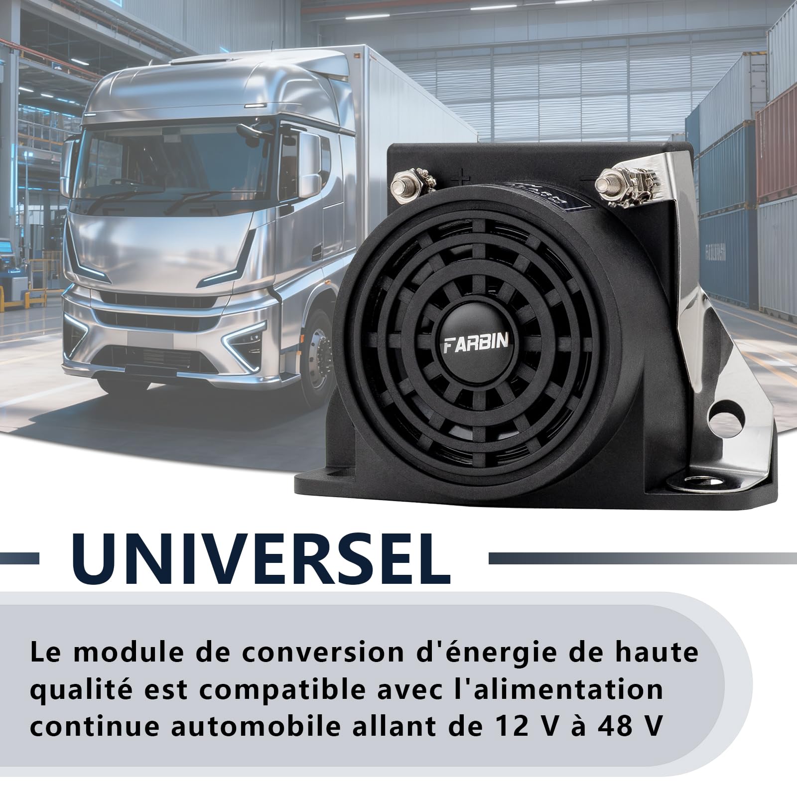 FARBIN Klaxon Voiture de Alarme Recul Voiture D’Avertissement de Bibi Etanche 12V-48V 105db Camion Renversée Universel Marche Arrière Alarme(Carrée)