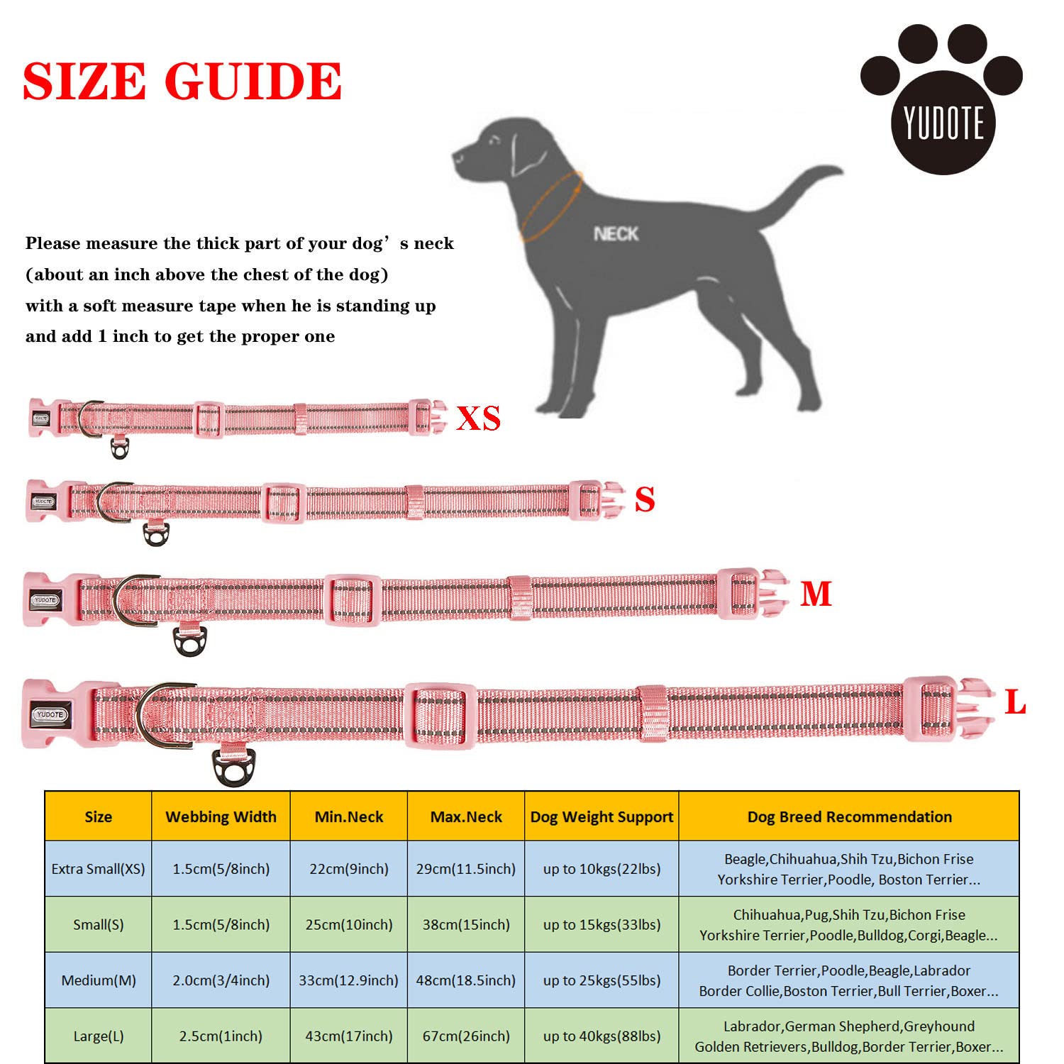 YUDOTE Collare per cani extra piccolo in nylon riflettente resistente con morbida fodera imbottita in neoprene per cuccioli in crescita, rosa