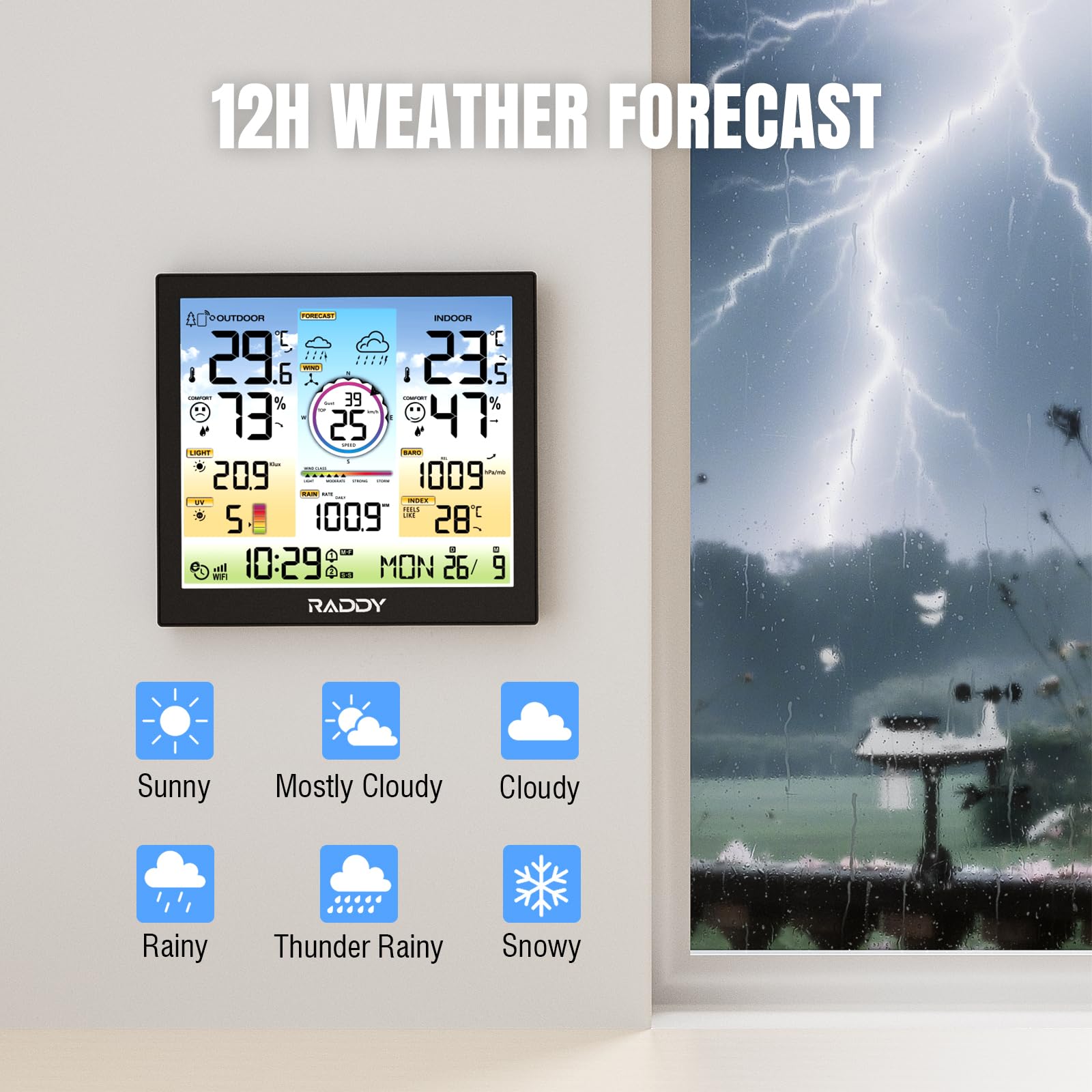 Raddy WF-120C Profesjonalna stacja pogodowa WiFi Bezprzewodowa, monitor temperatury i wilgotności wewnątrz i na zewnątrz z czujnikiem zewnętrznym 7 w 1, deszczomierzem, prognozą pogody