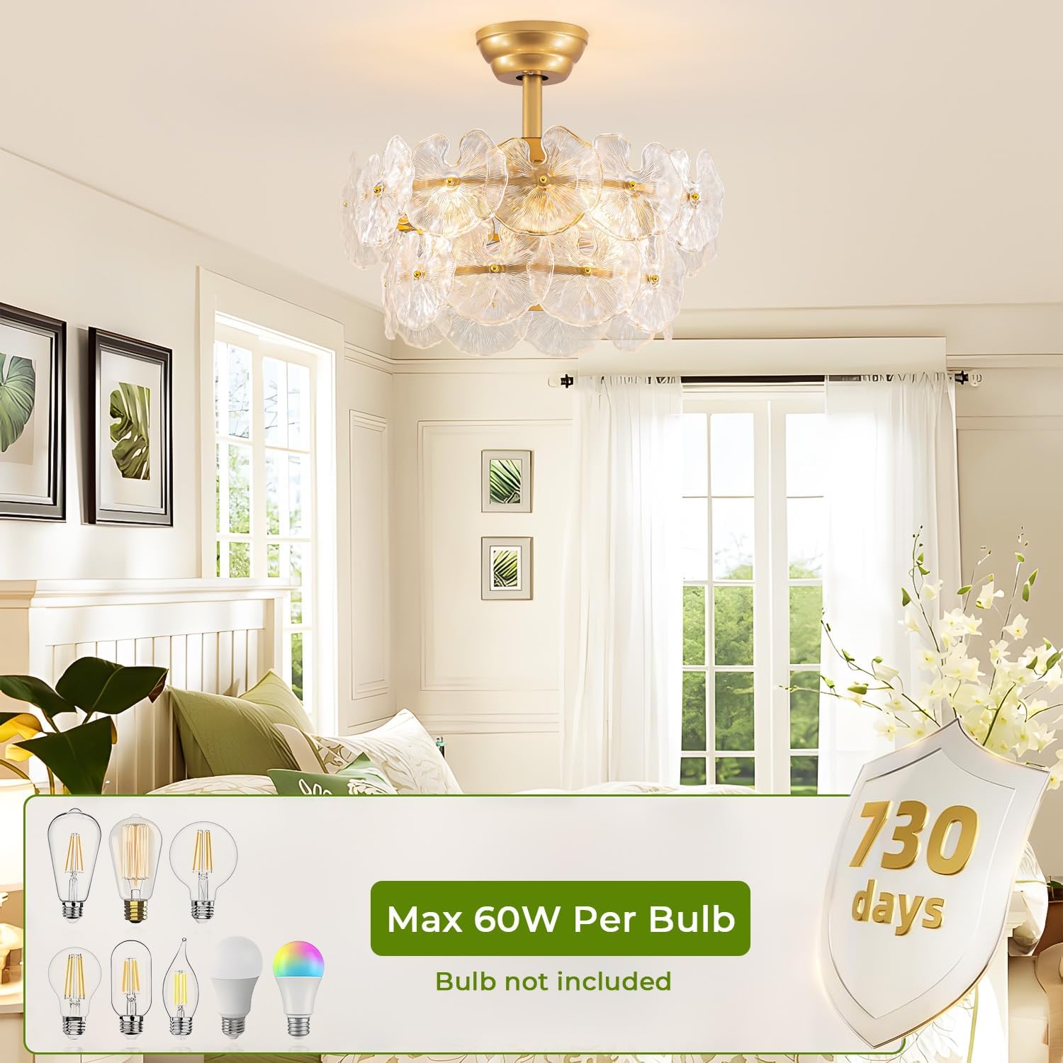 Fandelier 20" Gold Flower Crystal Chandelier Ceiling Fan with Lights and Remote Control, Modern Low Profile Flush Mount Light Fan with Timer (1/2/4H) & 6 Speeds for Bedroom Living Room Nursery