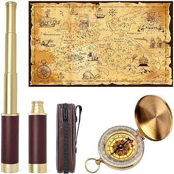 القراصنة Spyglass تلسكوب الكنز خريطة بوصلة الجيب مجموعة ألعاب الأطفال ، قابلة للطي باليد 25x30 Zoomable Monocular Polyester Fabric خريطة ضخمة و Golden Compass Boys Gift for Pirate Lovers   