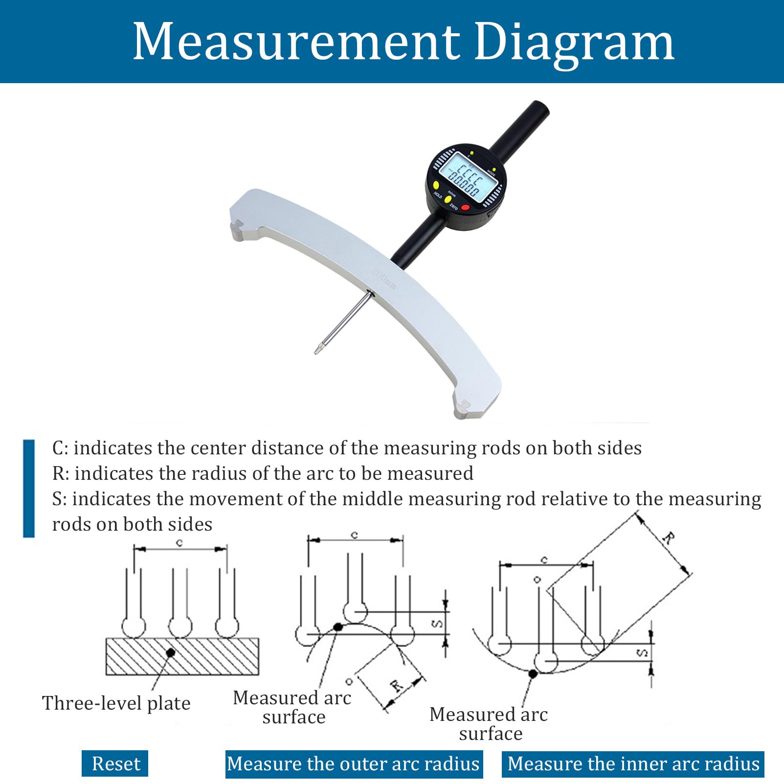Medidor de radio digital de alta precisión, herramienta de medición electrónica con mandíbula de 200 mm para medición de radio de 450-2500 mm, herramienta de medición de precisión