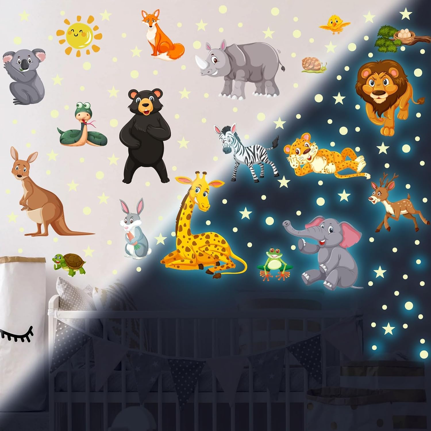 Adesivi da Parete Fluorescenti Animali Giungla Stickers Muro Luminoso Safari Elefante Leone Decorazioni Camera Bambini Verde
