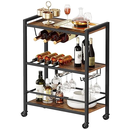 HOOBRO Bar Cart, 3-Tier Coffee Cart with Wheels, Kitchen Cart, Wine Cart with Wine Rack and Glass Holder, Rolling Serving Cart for Home, Living Room, Party, Bar, Rustic Brown and Black BF35TC01G1 - Rustic Brown + Black
