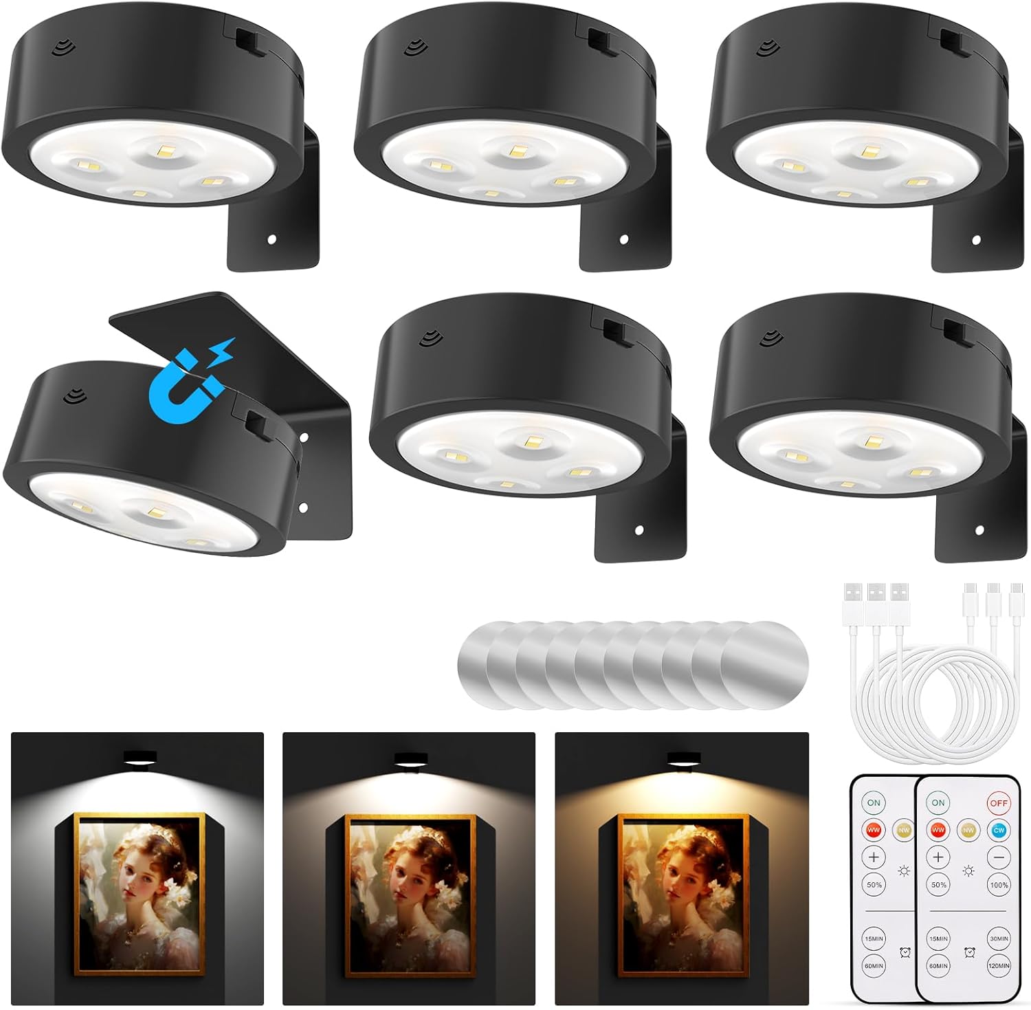 Picture Lights for Wall, Rechargeable Battery Operated Wireless Magnetic Painting Lights with Remote Dimmable and Timer, Wall Decor Lights with 3 Lighting Modes for Art Display (Black, 6Pack)