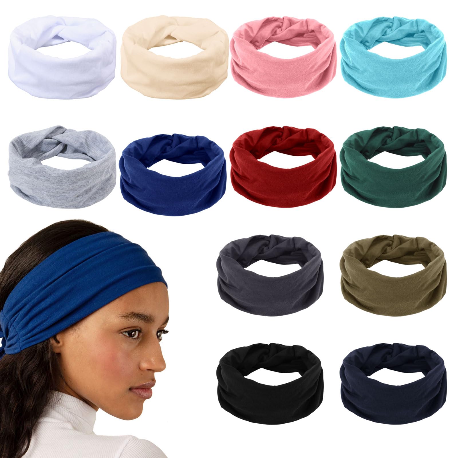GLOBLELAND 12 Pcs Stretchy Headbands for Women Wide Hair Bands Absorbed Sport Headband Soft Twist Knotted Headbands for Yoga Washing Face Makeup Workout Spa Running-image-2