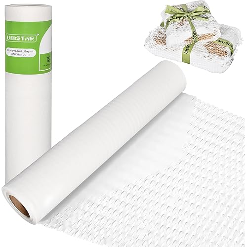 Honeycomb Packing Paper, 15" x 100ft Recyclable Cushion Packing Paper for Moving Shipping Packaging Breakables, Eco Friendly Bubble Wrap Alternative Roll Kraft Paper Packing(15inch White)
