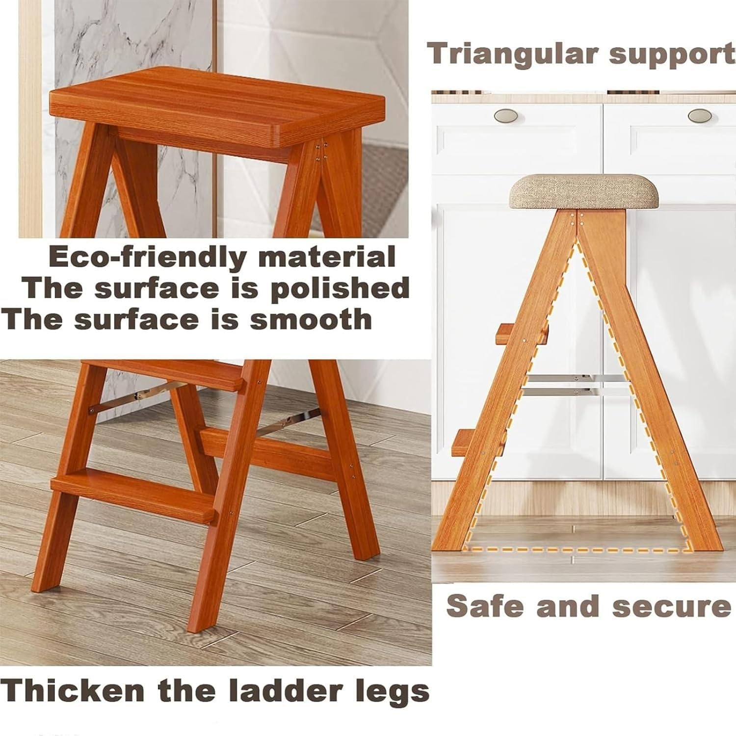 Wooden Folding Library Ladder Chair Portable Stool Flower Shelf for Adults Convertible Step Ladder(White,Without pad)