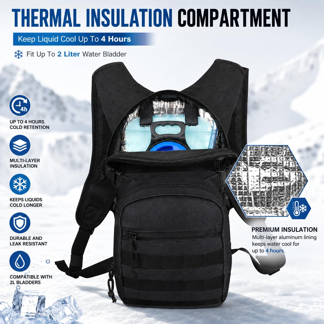 Zavothy Sac à Dos d'hydratation avec vessie d'hydratation 2L, Sac à Dos d'eau, Sac à Dos de Sport, pour la Course à Pied, Le Cyclisme, Le Ski, la Randonnée, l'escalade et Le Camping, Noir
