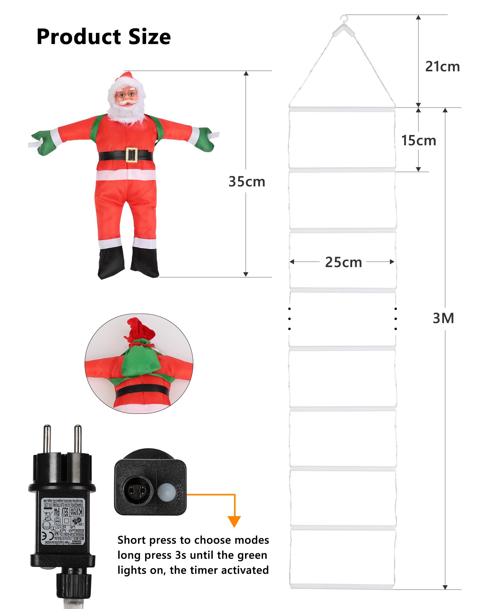Geemoo 3 Metros Guirnalda Luces de Navidad con 338 LED Escalera con Papá Noel, Temporizador, 8 Modos, Decoración Interior Exterior para Fiestas, Casa, Balcón, Árbol (Blanco Cálido)