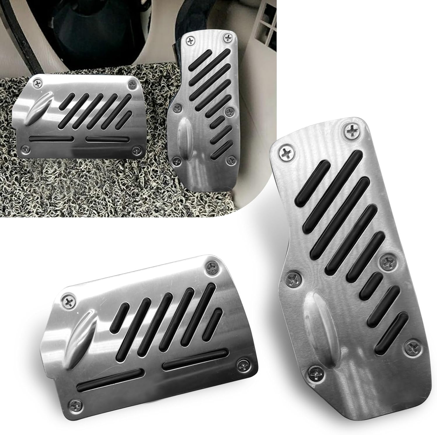 2 PCS Car Automatic Transmission Pedal Cover, 5.5″ x 2.4″ Accelerator + 4.9″ x 2.9″ Brake Pedal, Alloy Durable Structure Sport Decoration + Non-Slip Rubber Strip, Universal for Cars (Black)