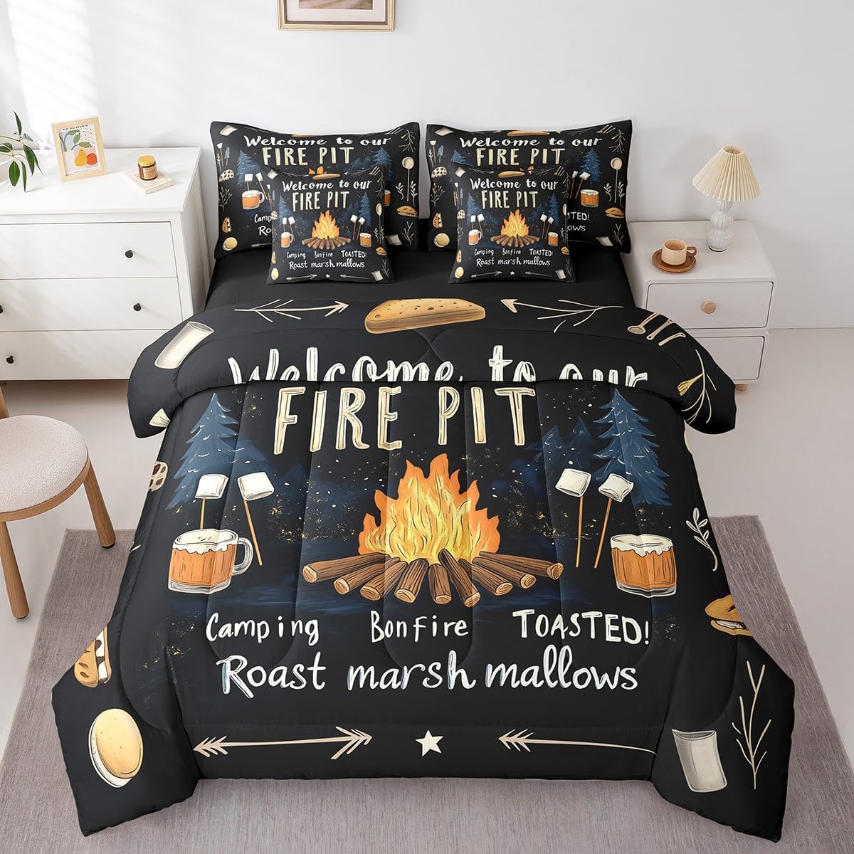jejeloiu キッズ ハッピーキャンピング 掛け布団セット 7ピース クイーンサイズ キャンプ 焚き火 S'More 寝