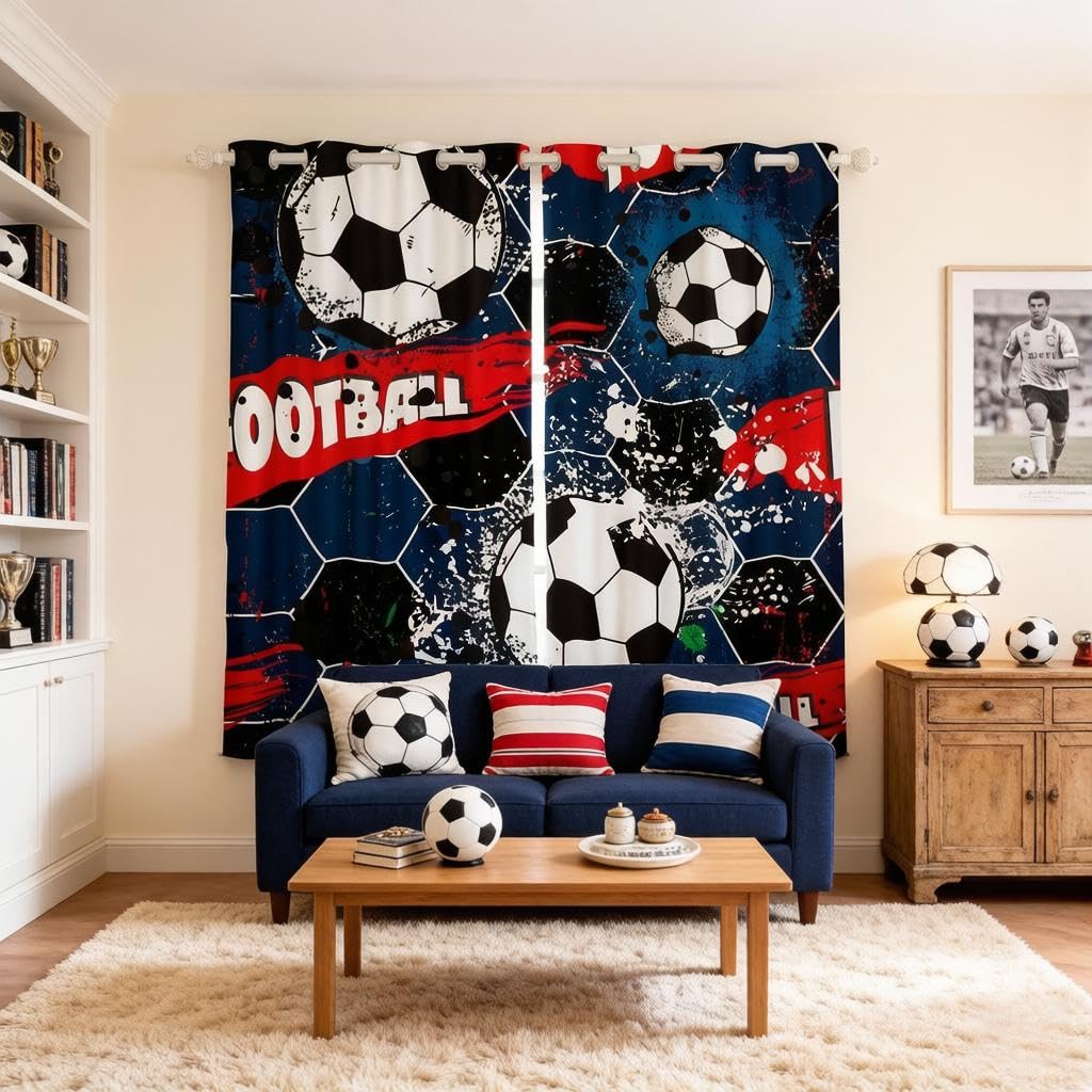 Loussiesd Boys Soccer Ball Pattern Windows Drapes Football Curtains for Kids Youth Man Girls Sports Theme Curtains for Bedroom Living Room Grid Plaid Printed Room Decoration, W66*L72