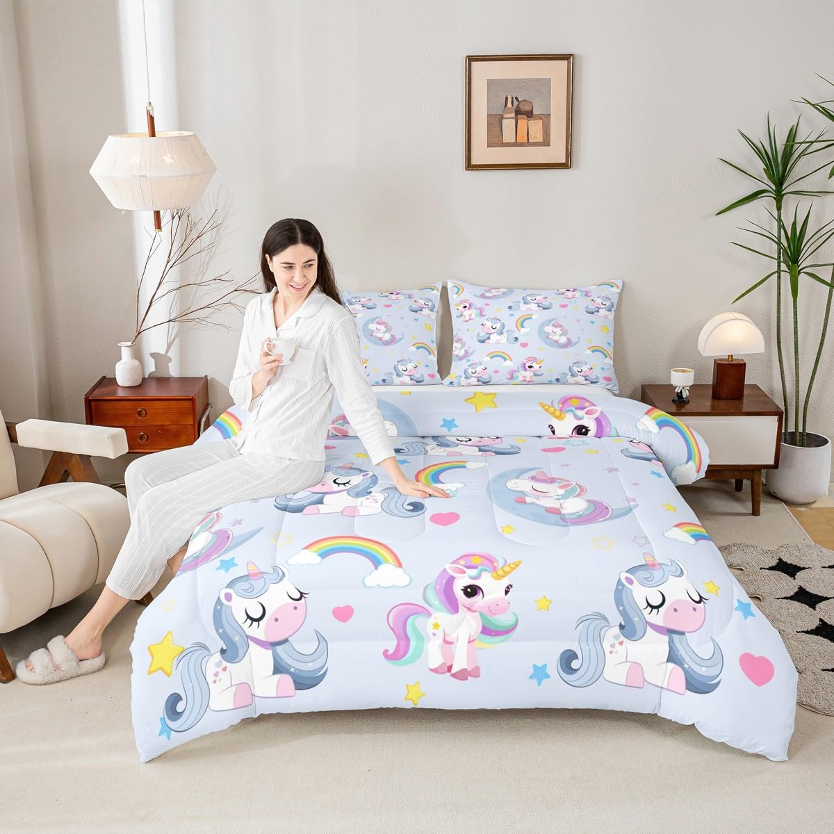 Parure de lit licorne pour enfants et filles avec housse de couette arc-en-ciel