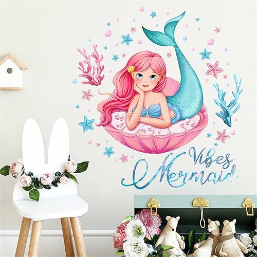Miniatura 2 de Calcomanías de pared con diseño de niña sirena y plantas de agua de coral, sacinora Art, vinilo extraíble para despegar y pegar para guardería,