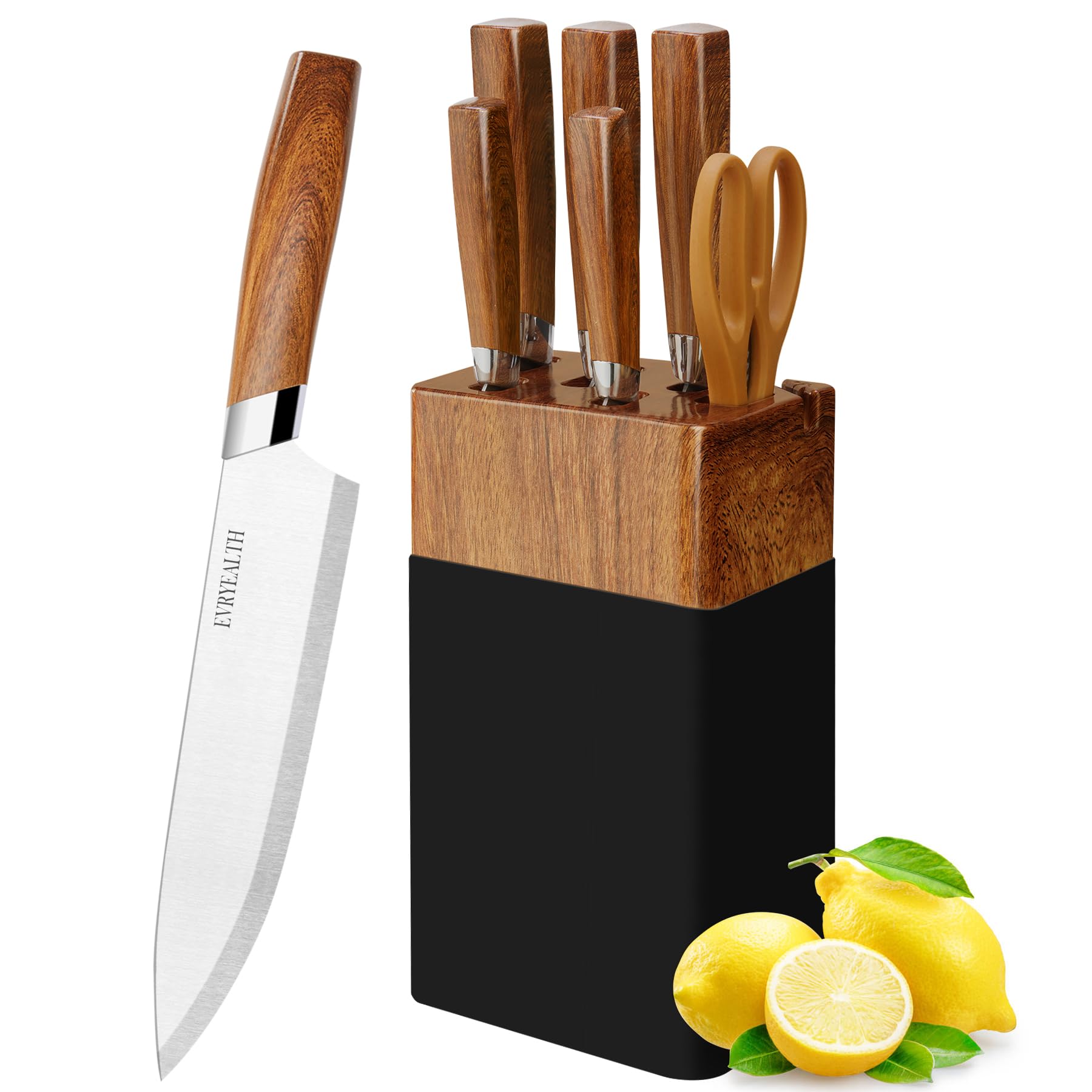 lapelux Kitchen Knife Set - 6 Piece Kitchen Knives with Knife Block, Wood Grain Handle, Sharp Stainless Steel Knife with Chef, Bread, Slicer, Utility, Paring Knife for Cutting Vegetables/Meat/Fruit.