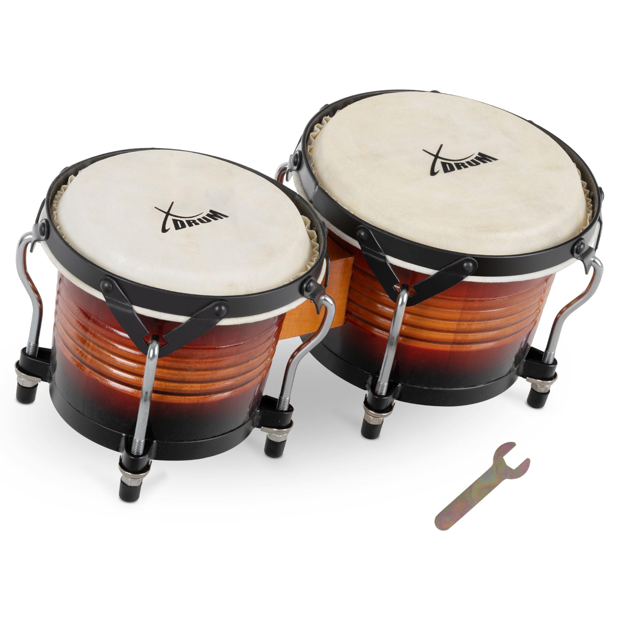 XDrum Bongos Pro Vintage Sunburst - 2 Trommeln mit 6,5" (17 cm) und 7,5" (20 cm) Durchmesser - Bongotrommeln mit stimmbaren Naturfellen, Stimmschlüssel und Ständer - Holztrommeln Rotbraun