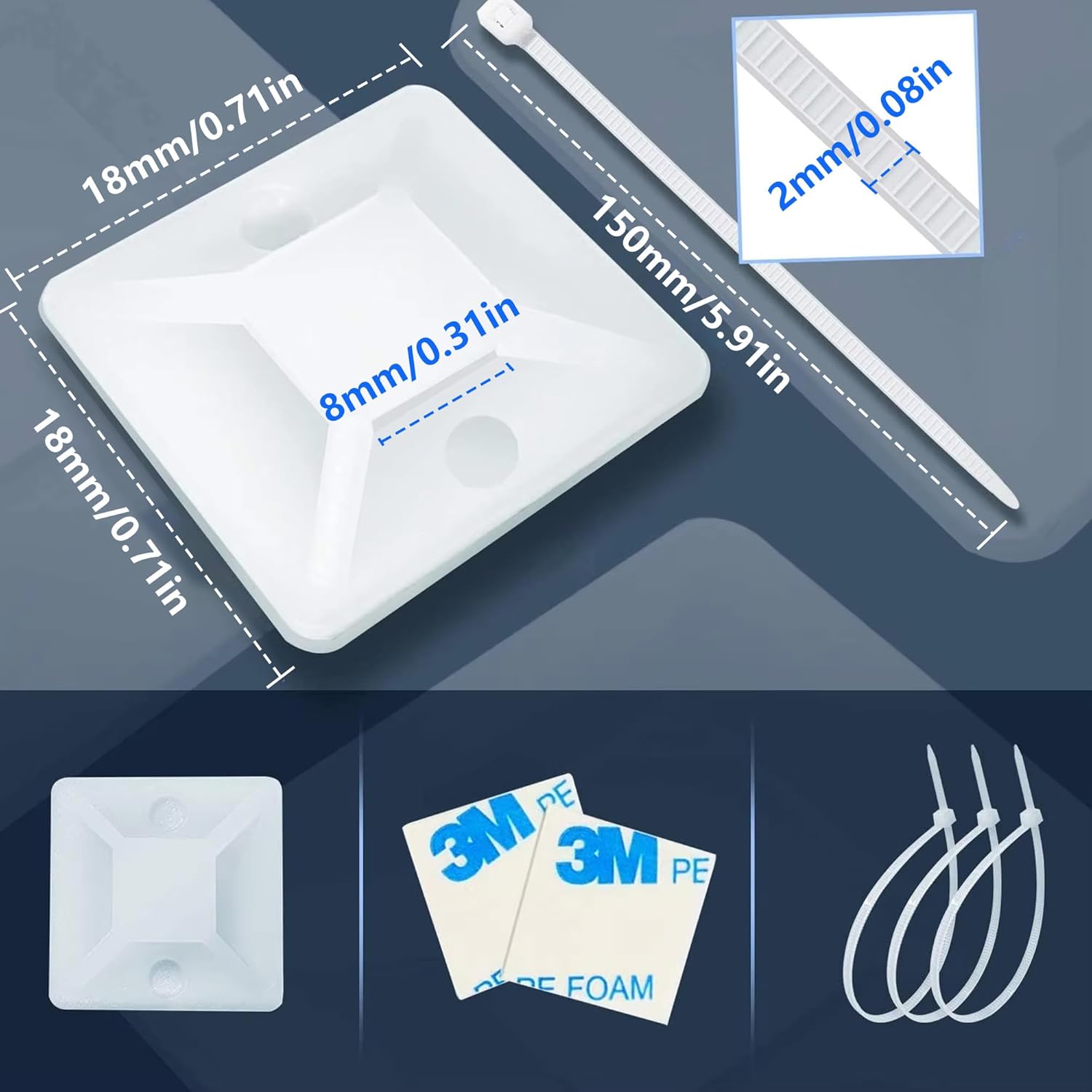 100-Pack Self-Adhesive Cable Zip Tie Mounts Kit with 6" White Zip Ties, 3/4" 3M Back-Glue Zip Tie Adhesive Mounts Cable Management Clips for Indoor/Outdoor Use