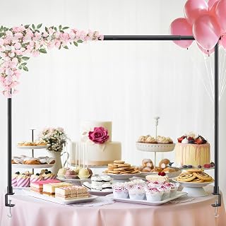 Over The Table Rod Stand with Clamps, Adjustable Height 30''–59'' & Length 28''–105'', Black Metal Arch Display Stand for Tabletop Backdrops, Garland, Balloon Display, Party Decoration