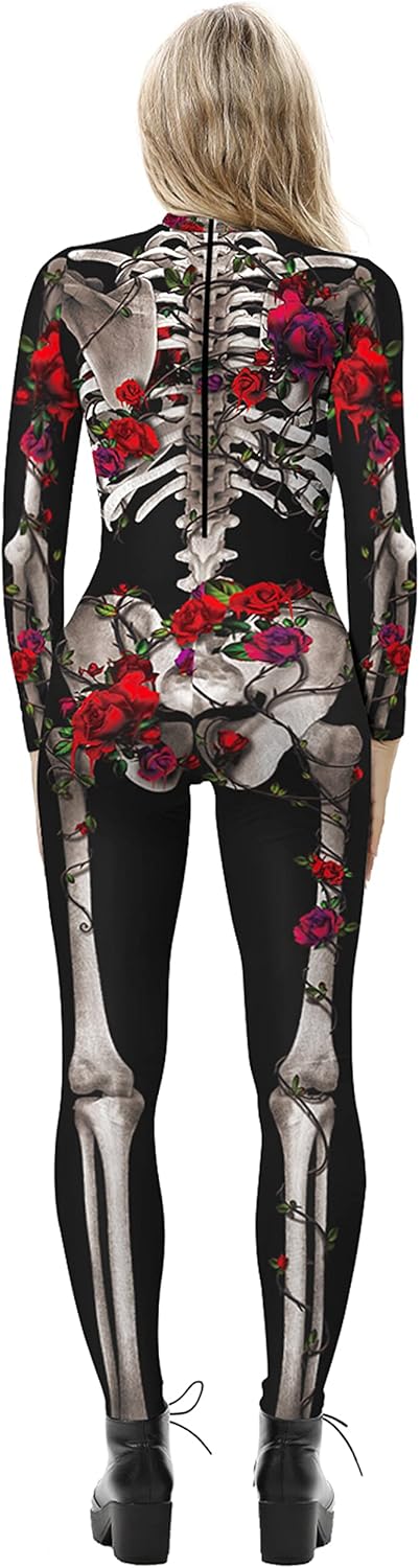 FEOYA Skeleton Jumpsuit for Women Halloween Costume Long Sleeve Skinny Catsuit 3D Print Skull Bodysuit Bone Cosplay Outfit - Image 2