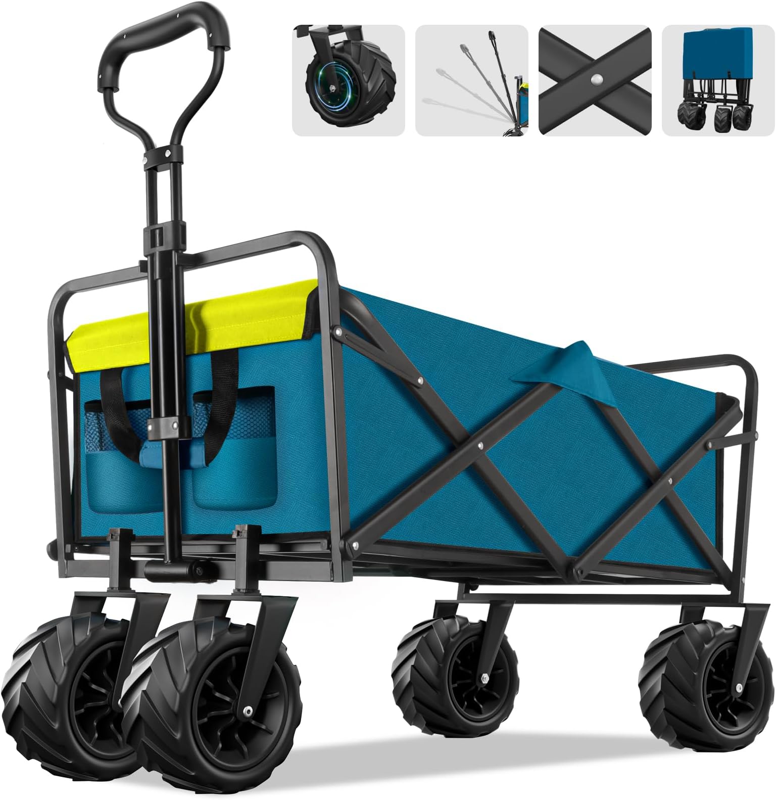 Collapsible Foldable Wagon, Heavy Duty Folding Wagon with 400lbs Weight Capacity, Beach Cart with Big Wheels for Sand, Portable Utility Outdoor Cart